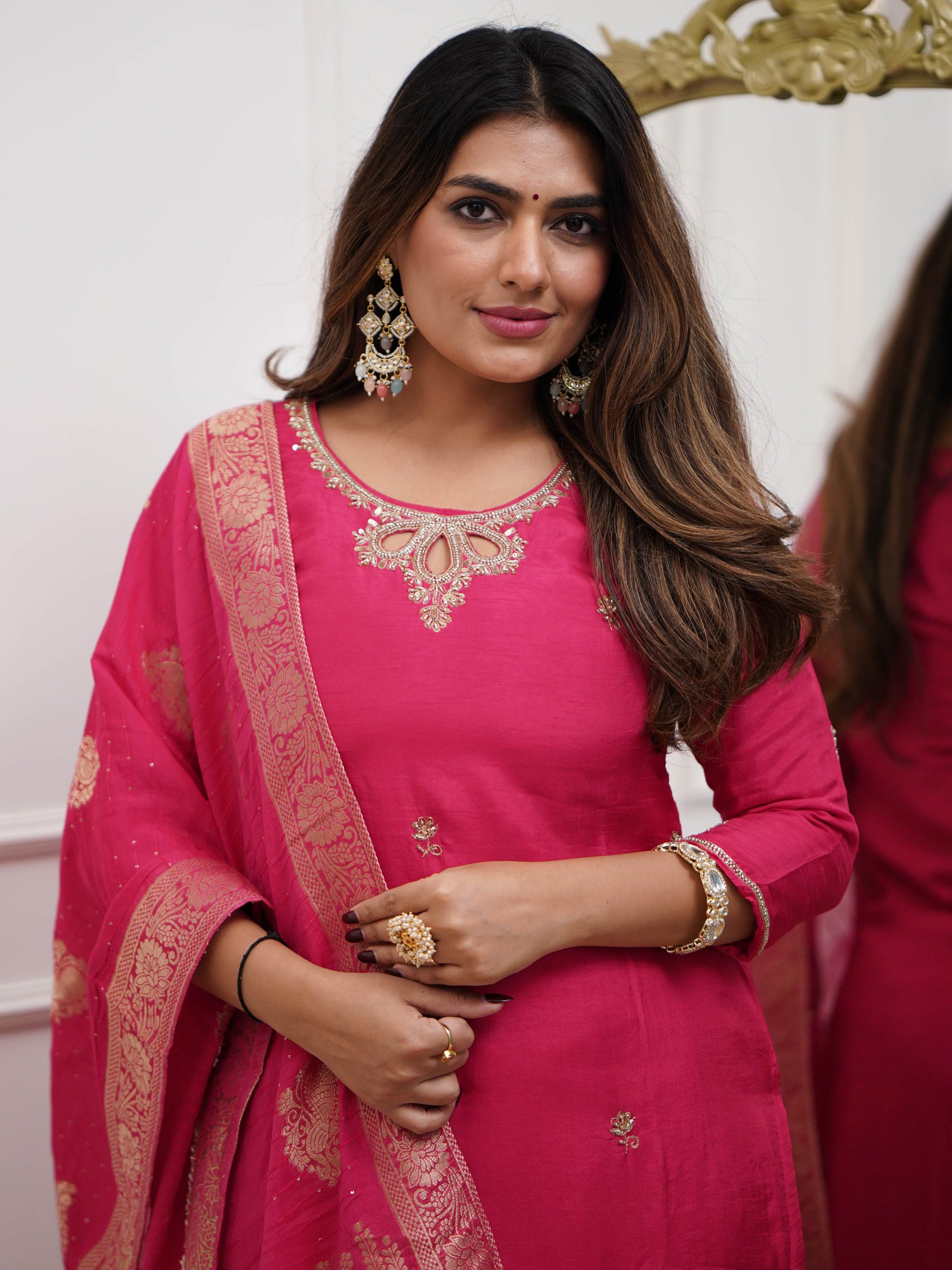 Attractive Rani Pink Embroidered Viscose Function Wear Pant Suit