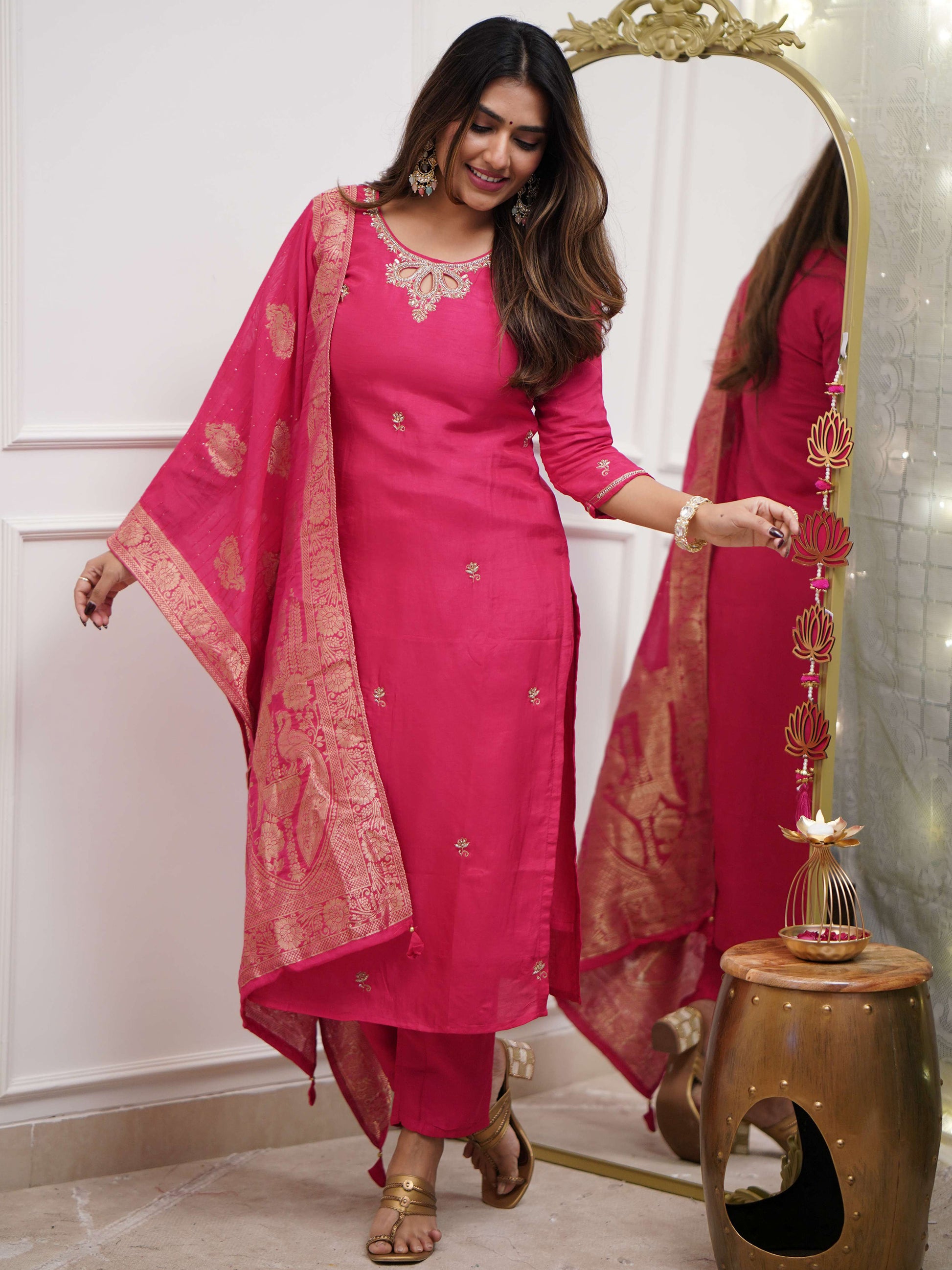Attractive Rani Pink Embroidered Viscose Function Wear Pant Suit