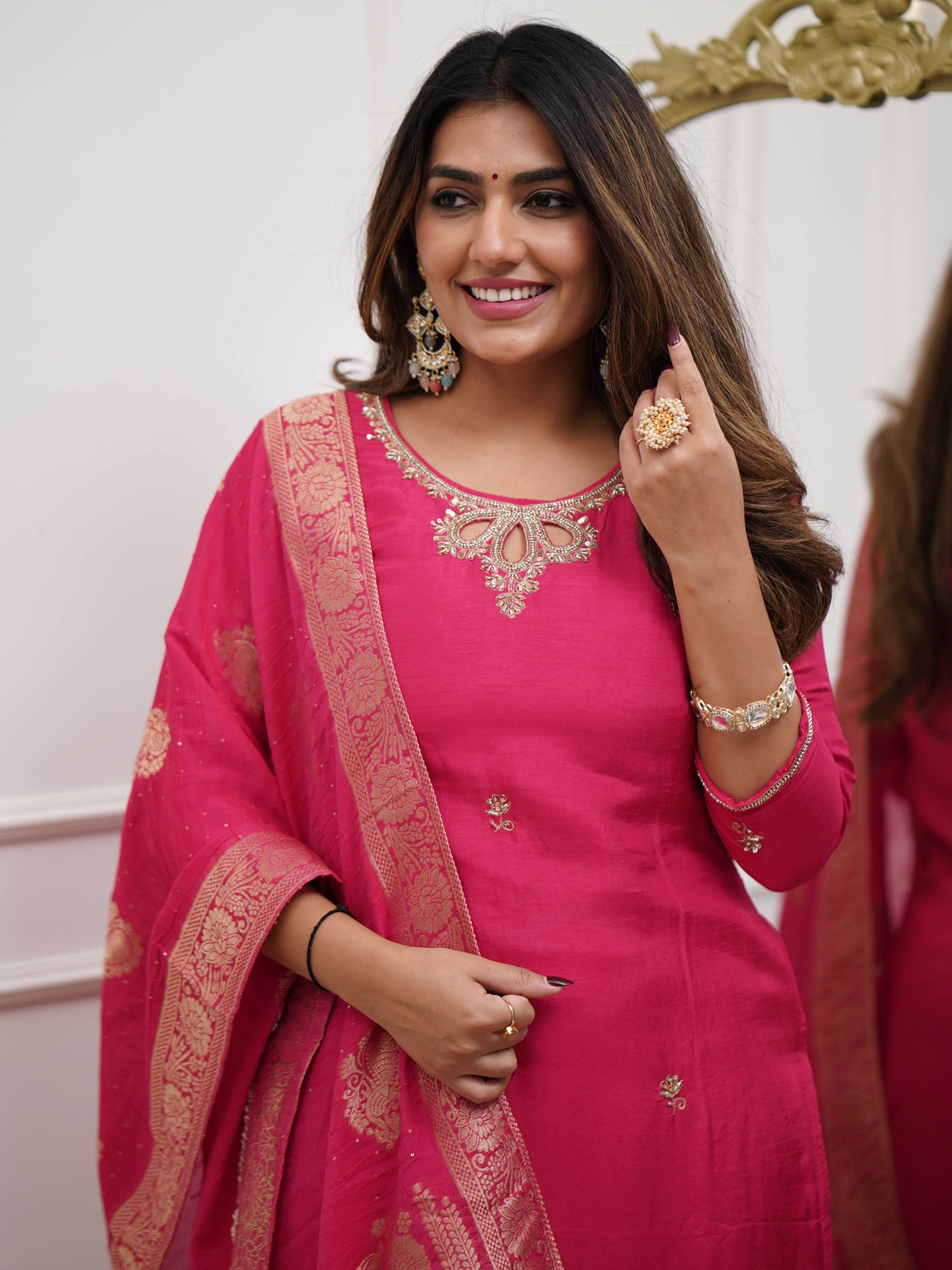 Attractive Rani Pink Embroidered Viscose Function Wear Pant Suit