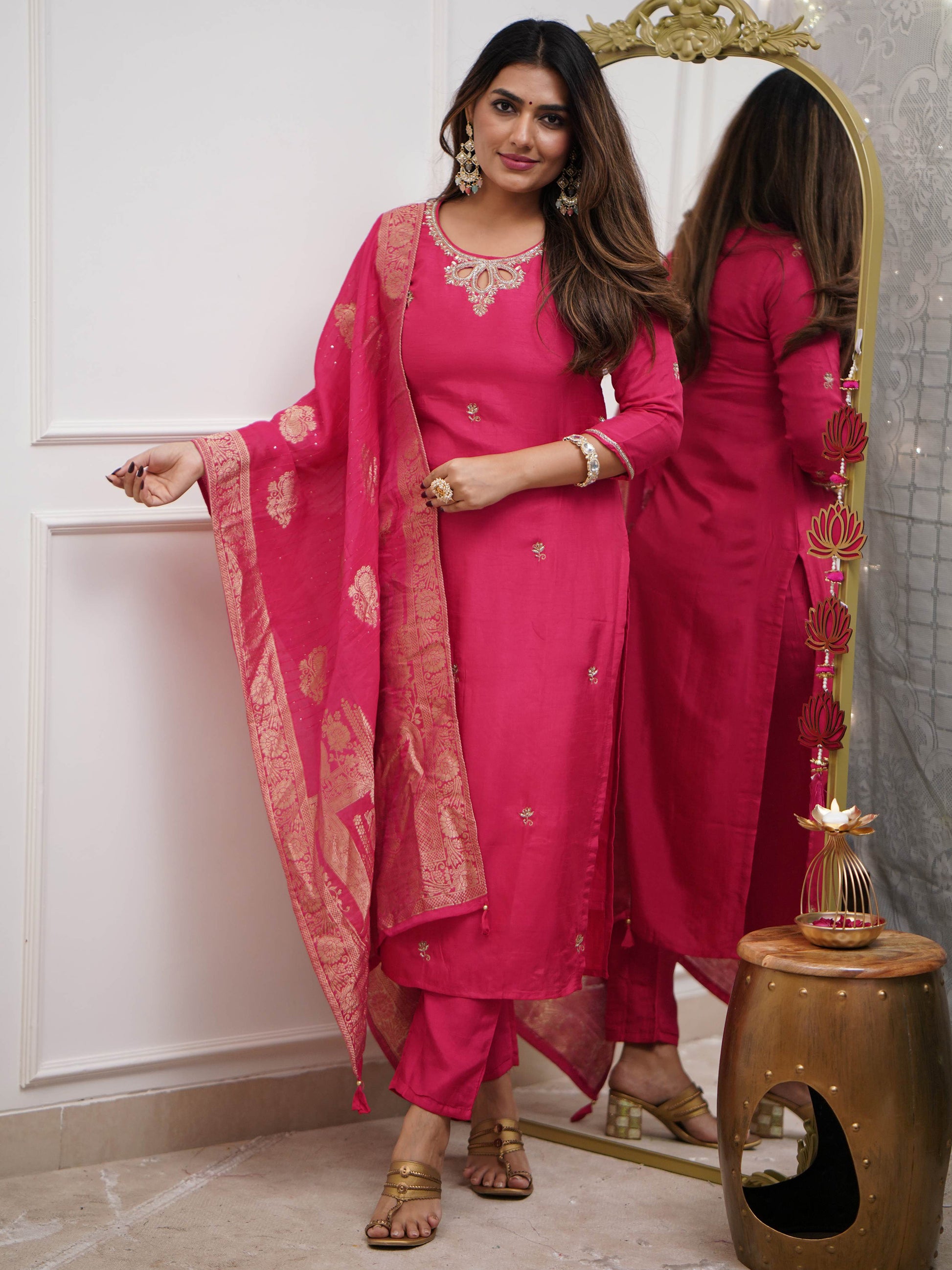 Attractive Rani Pink Embroidered Viscose Function Wear Pant Suit