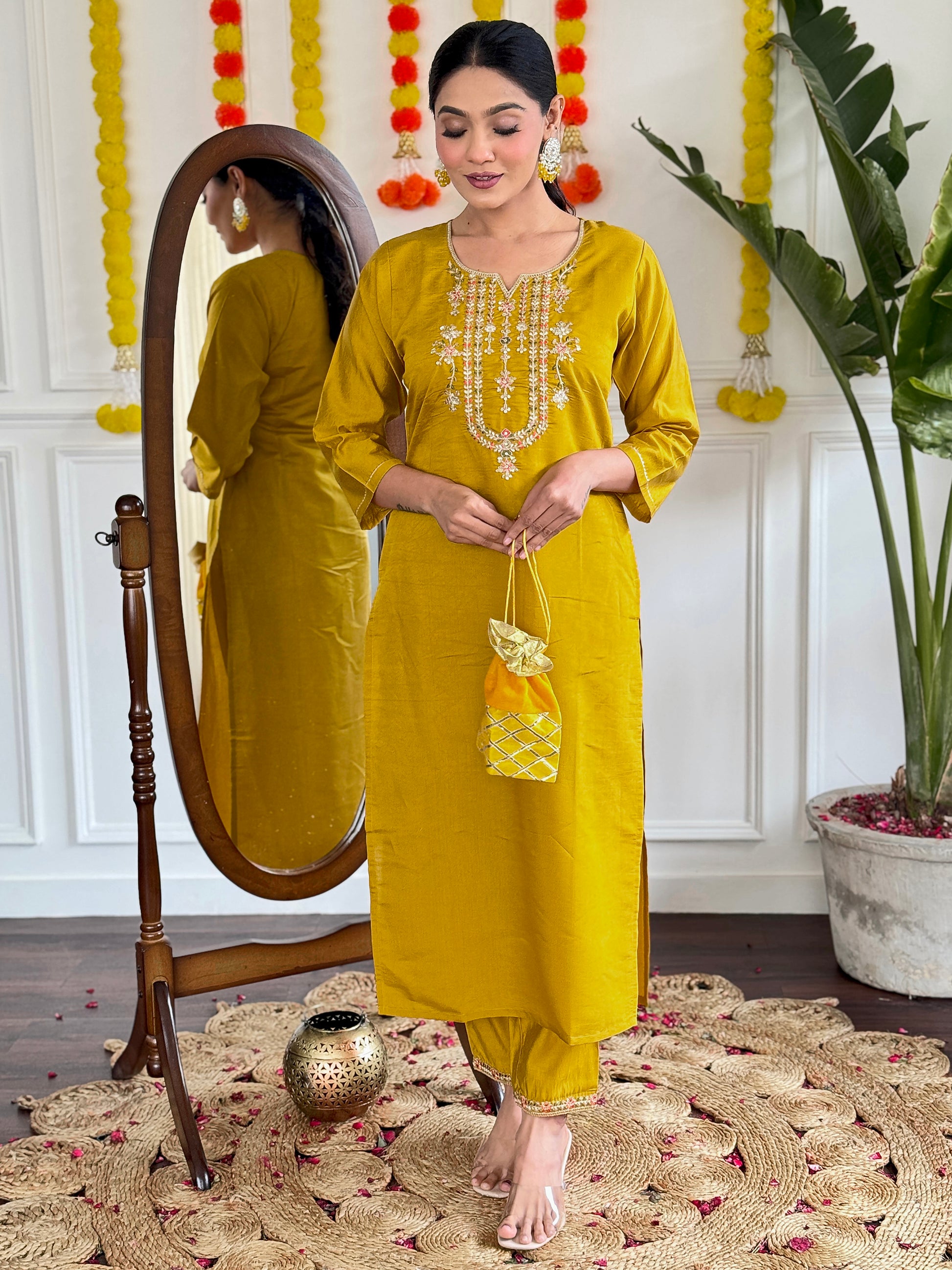 Fabulous Mustard Yellow Sequins Viscose Festival Wear Pant Suit
