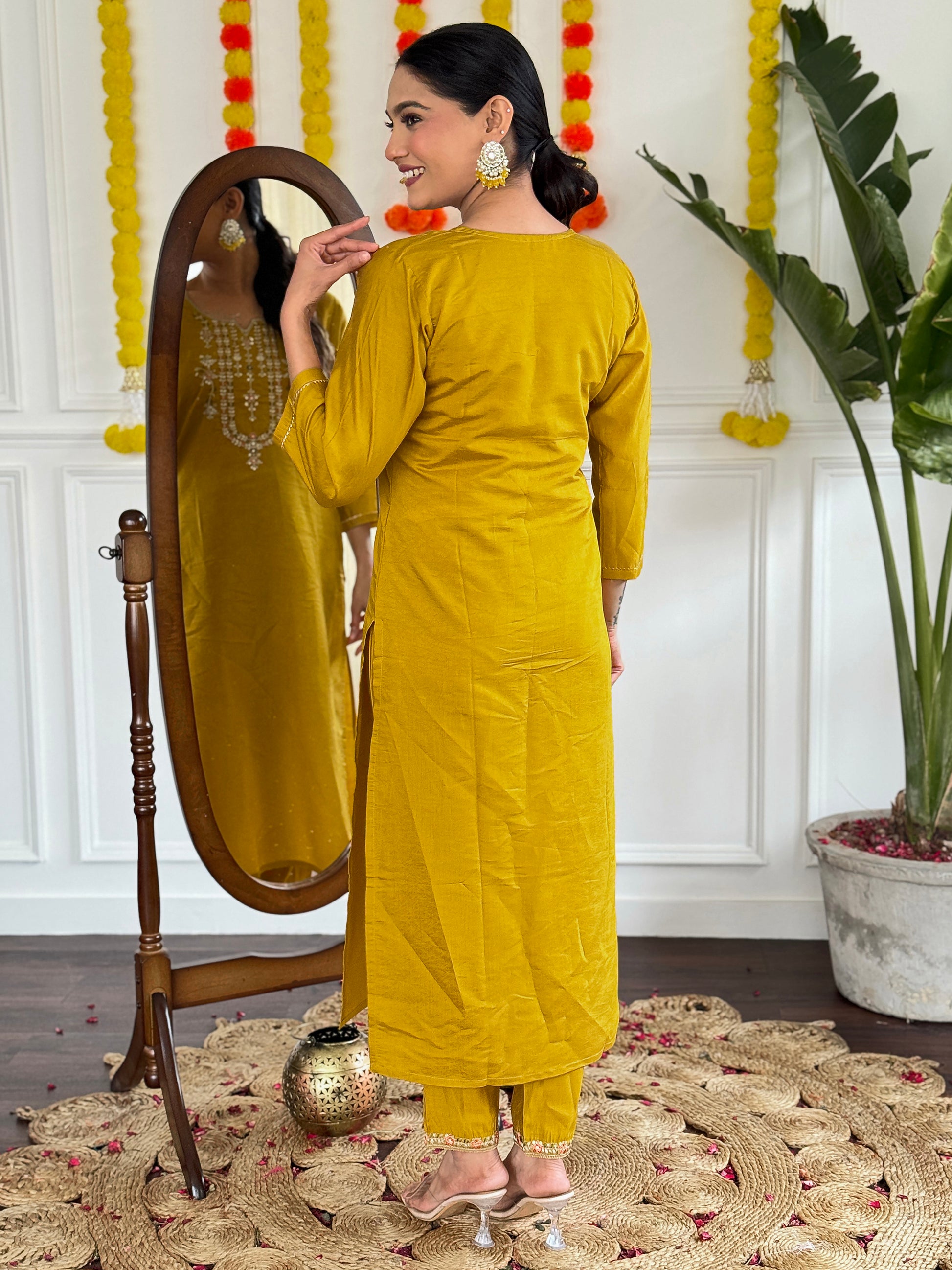 Fabulous Mustard Yellow Sequins Viscose Festival Wear Pant Suit