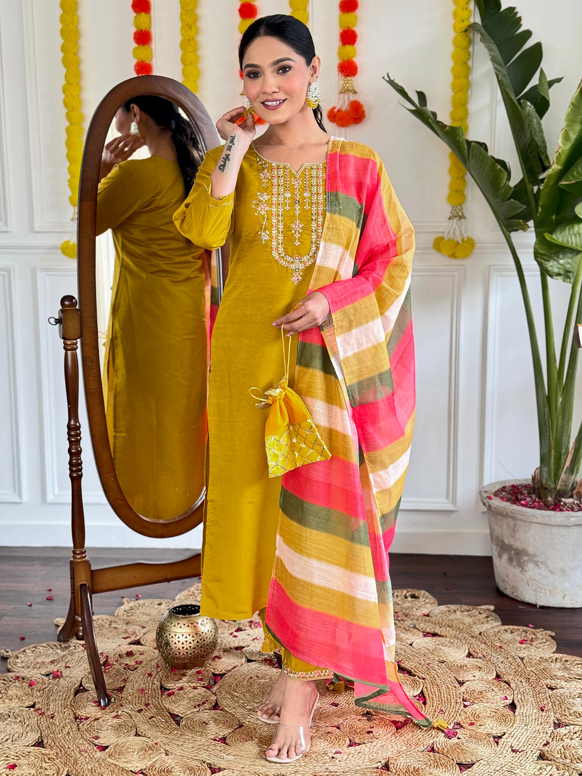 Fabulous Mustard Yellow Sequins Viscose Festival Wear Pant Suit