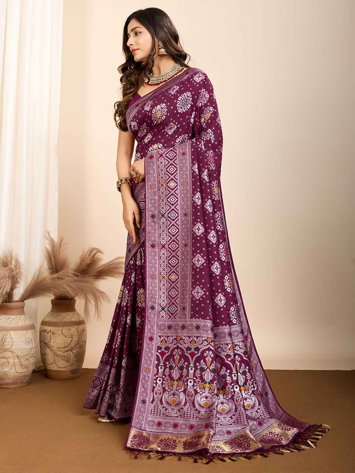 Precious Wine Zari Weaving Silk Festival Wear Saree With Blouse