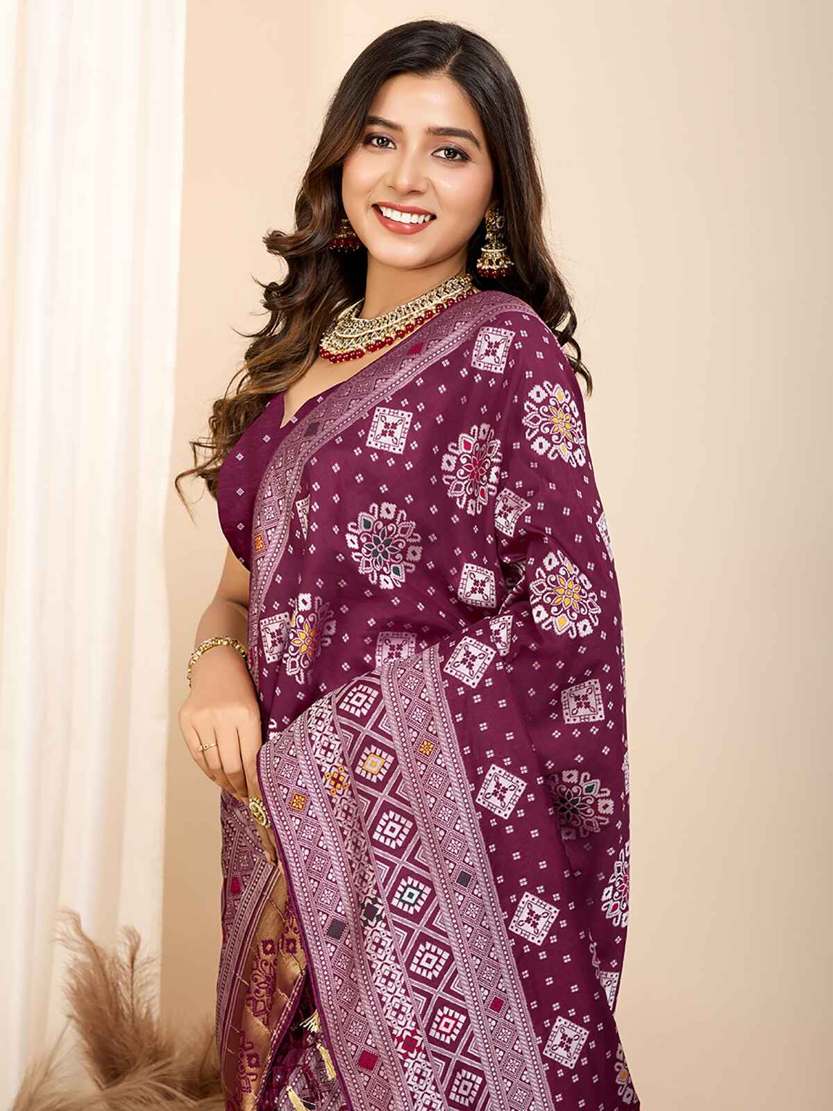 Precious Wine Zari Weaving Silk Festival Wear Saree With Blouse
