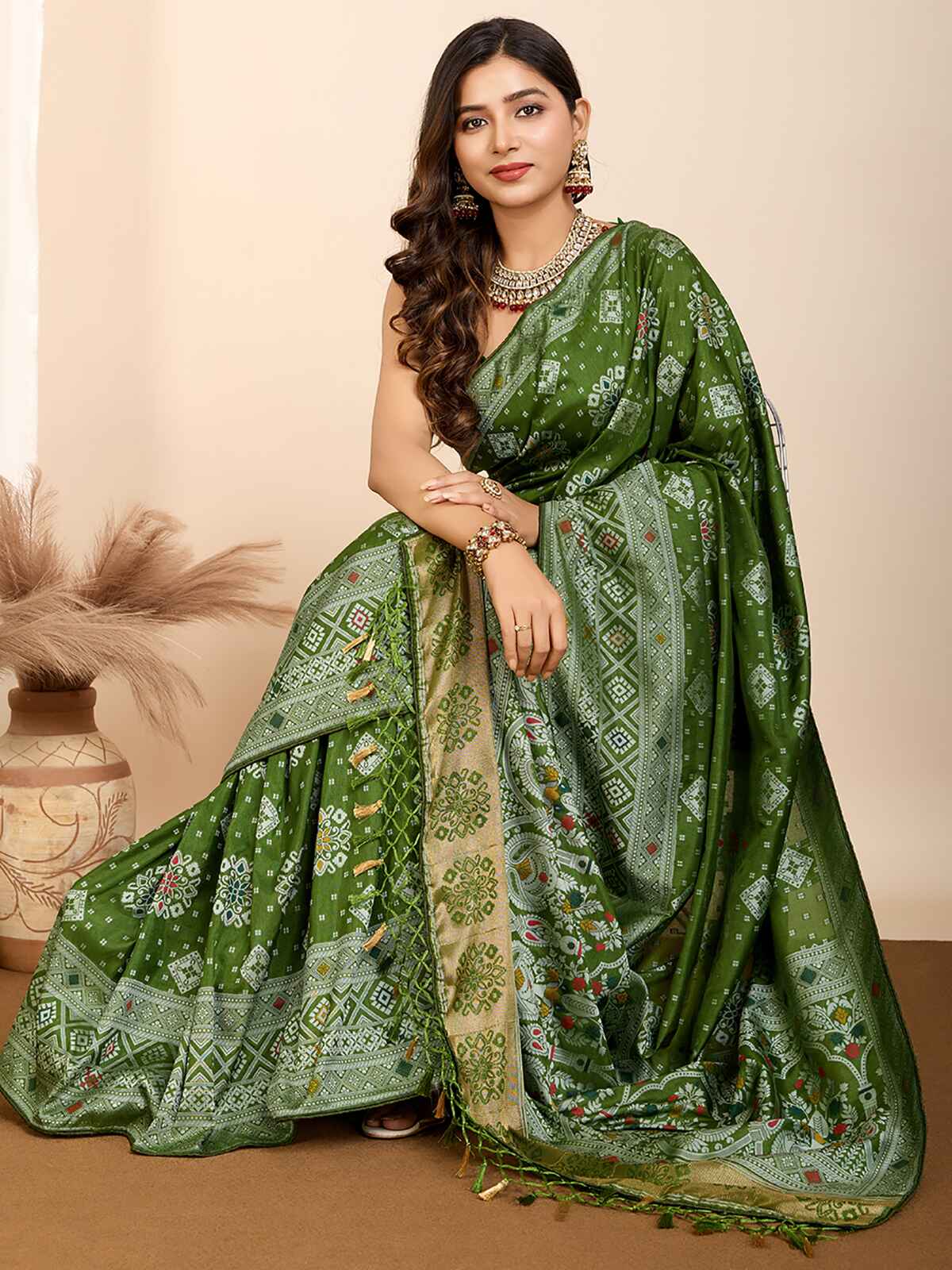 Tantalizing Olive Green Zari Weaving Silk Mehendi Wear Saree