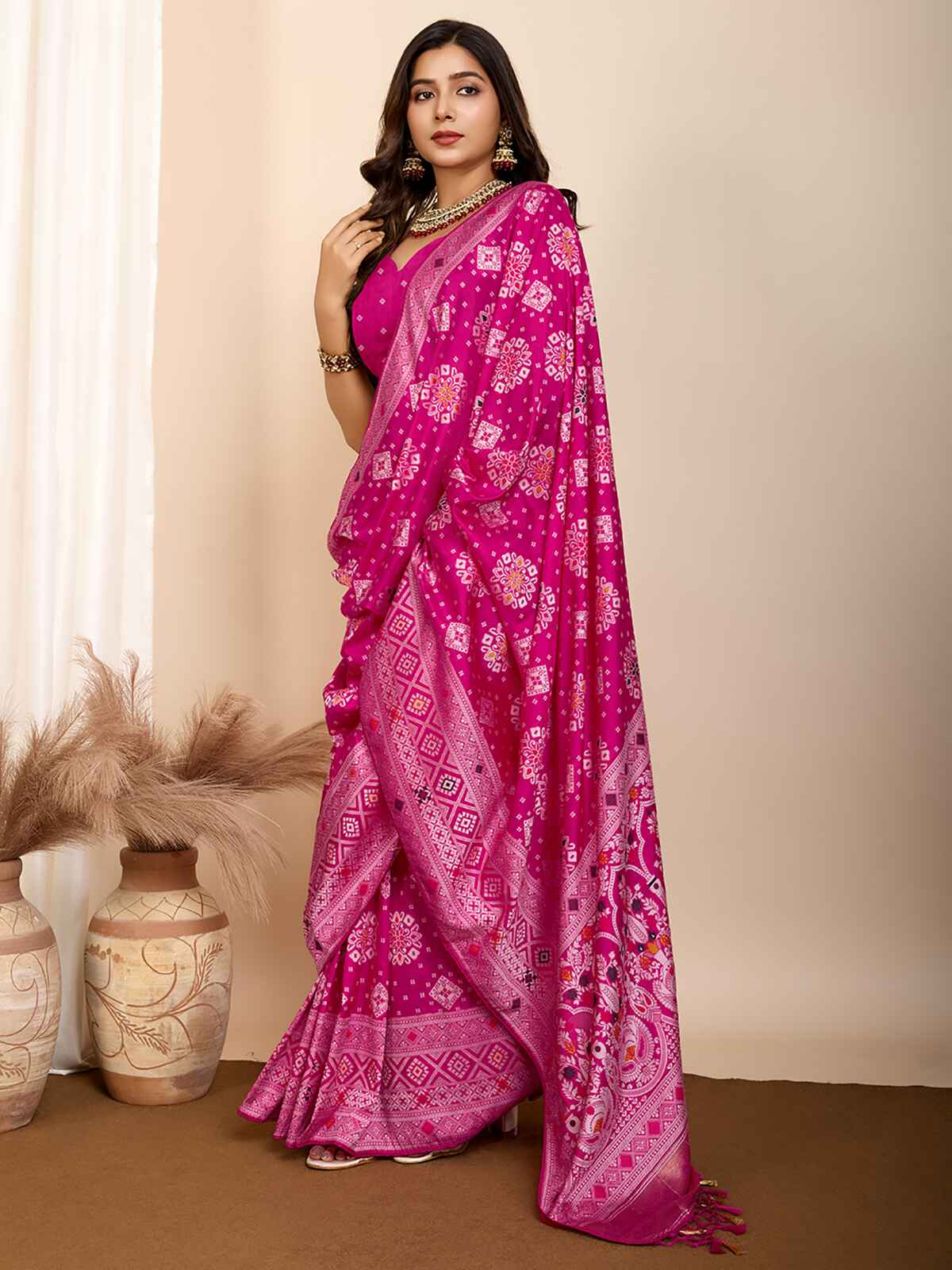 Beautiful Rani Pink Zari Weaving Silk Wedding Saree With Blouse