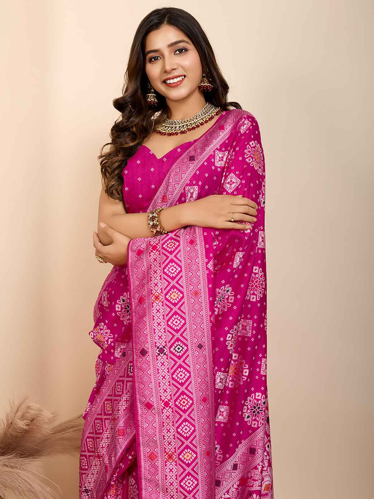 Beautiful Rani Pink Zari Weaving Silk Wedding Saree With Blouse