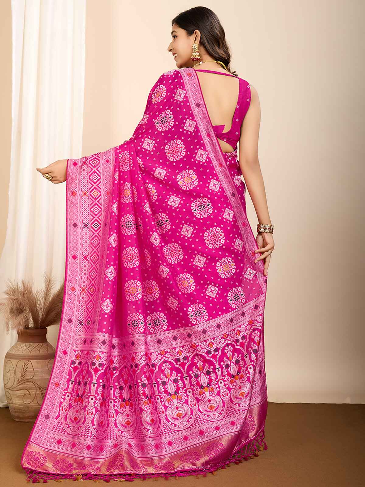 Beautiful Rani Pink Zari Weaving Silk Wedding Saree With Blouse