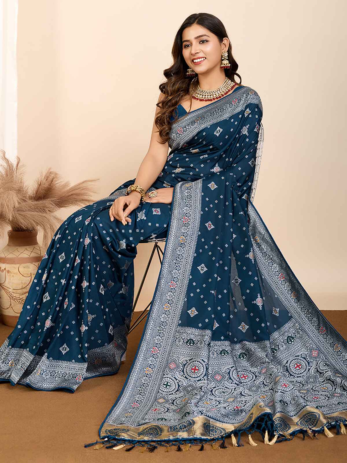 Winsome Teal Blue Zari Weaving Silk Function Wear Saree With Blouse