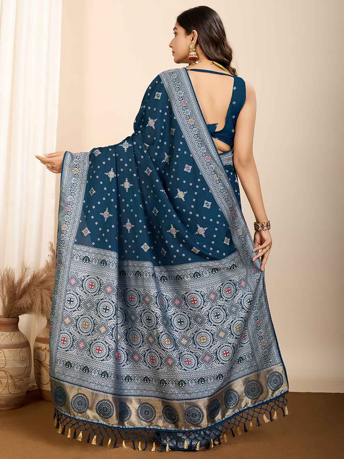 Winsome Teal Blue Zari Weaving Silk Function Wear Saree With Blouse