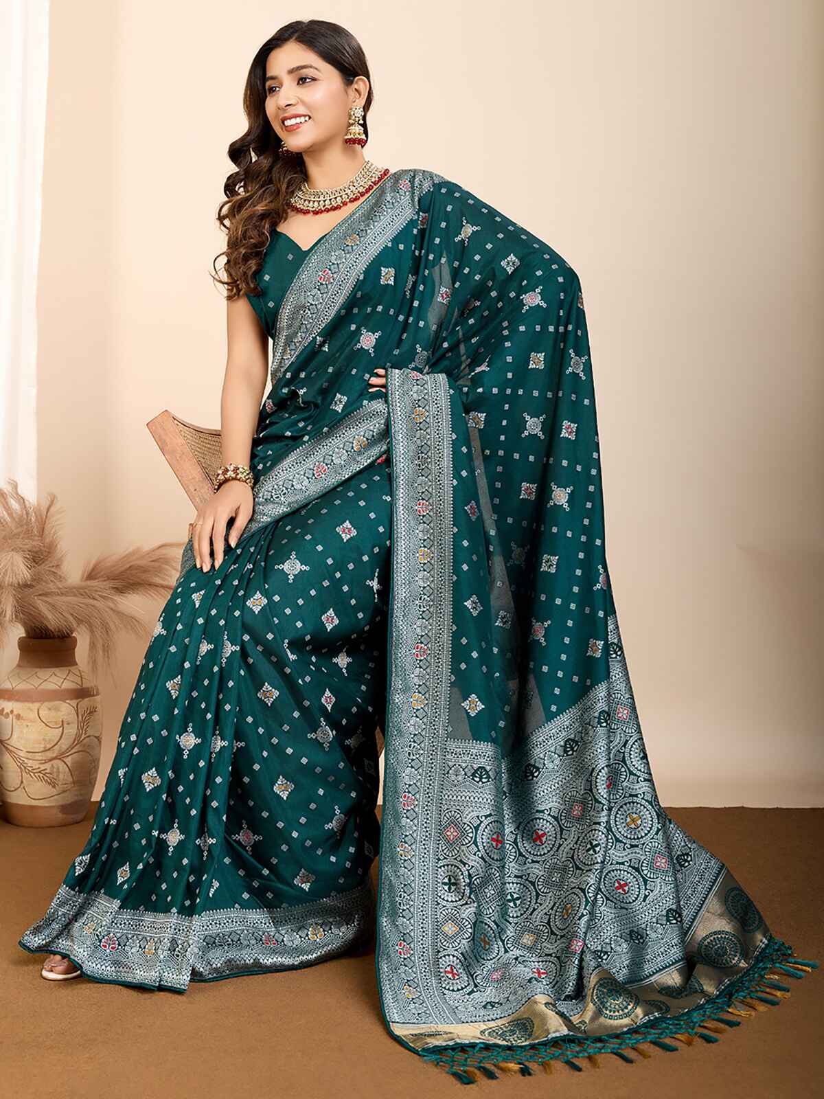 Beautiful Green Zari Weaving Silk Festival Wear Saree With Blouse