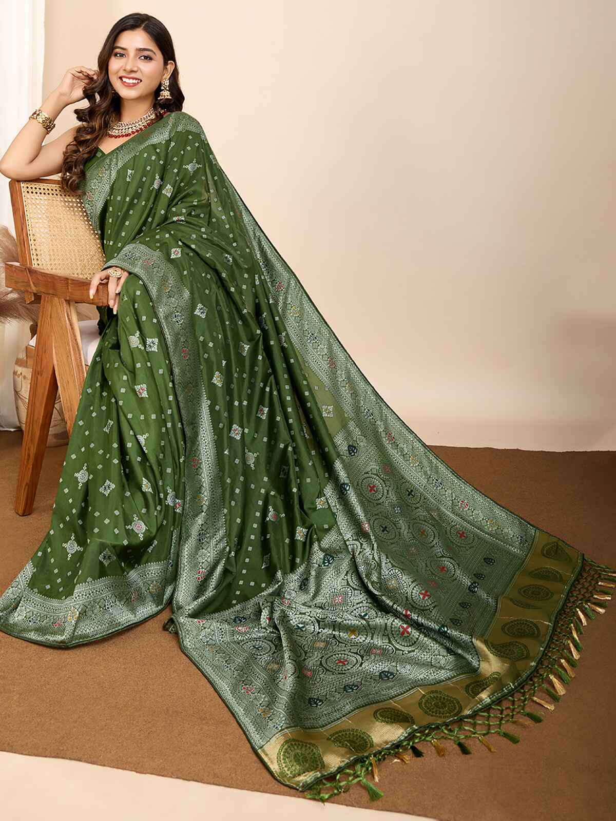 Glamorous Olive Green Zari Weaving Silk Mehendi Wear Saree