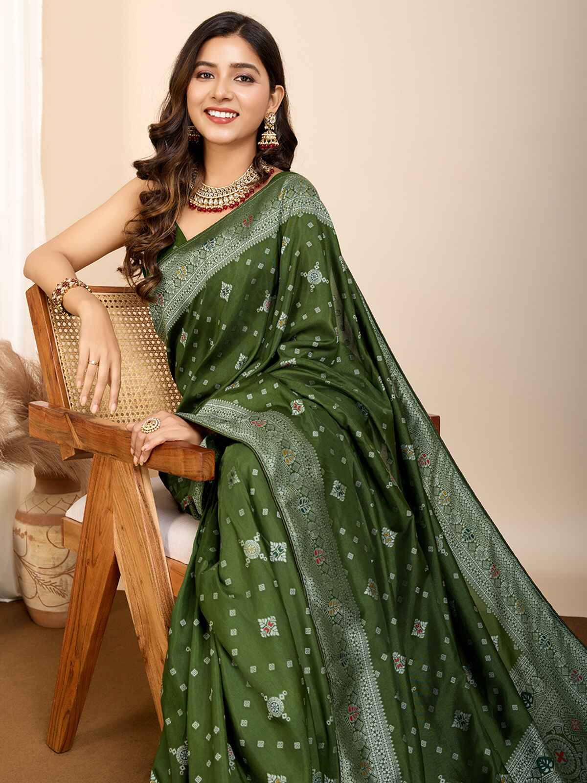 Glamorous Olive Green Zari Weaving Silk Mehendi Wear Saree