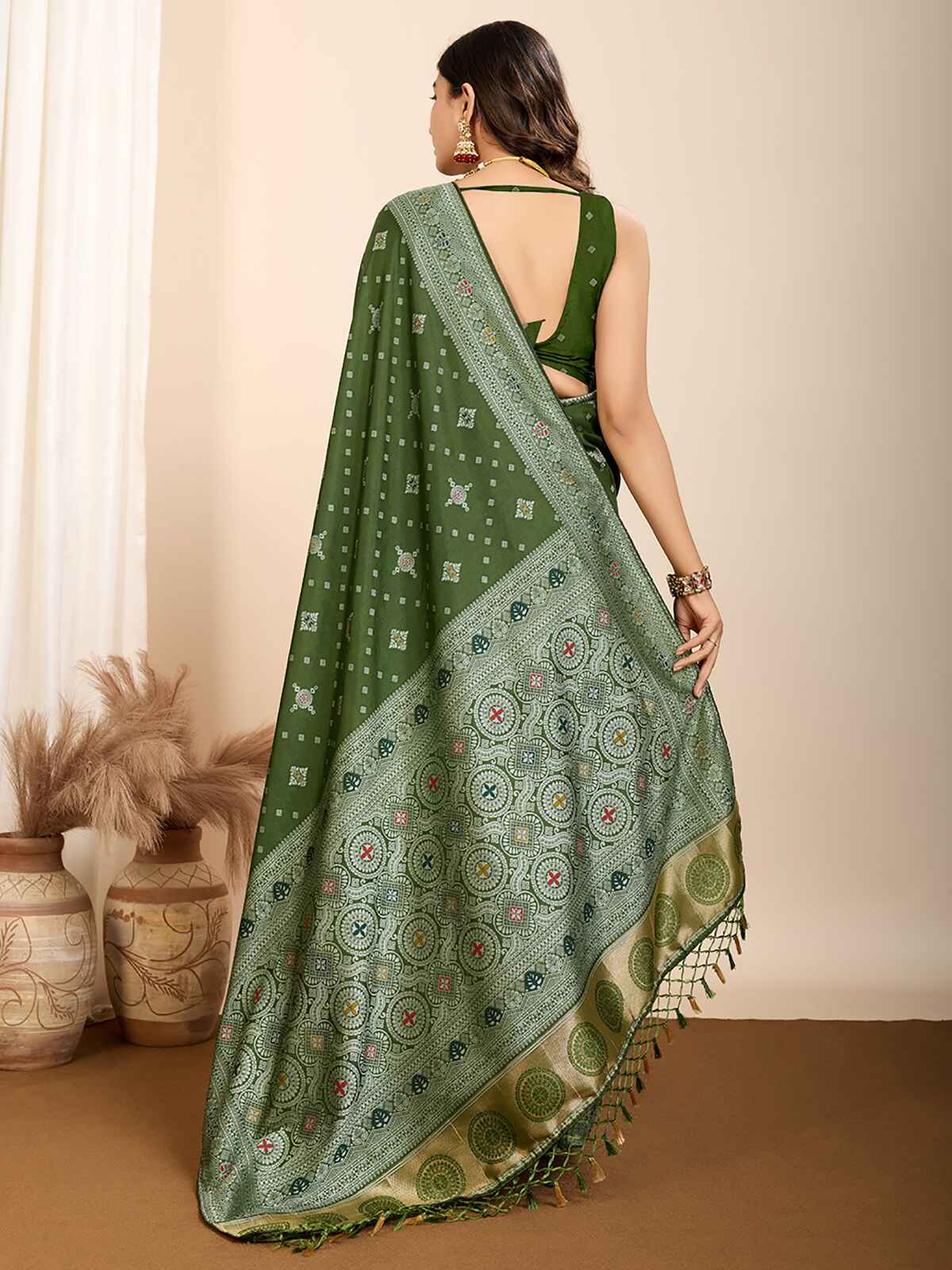 Glamorous Olive Green Zari Weaving Silk Mehendi Wear Saree