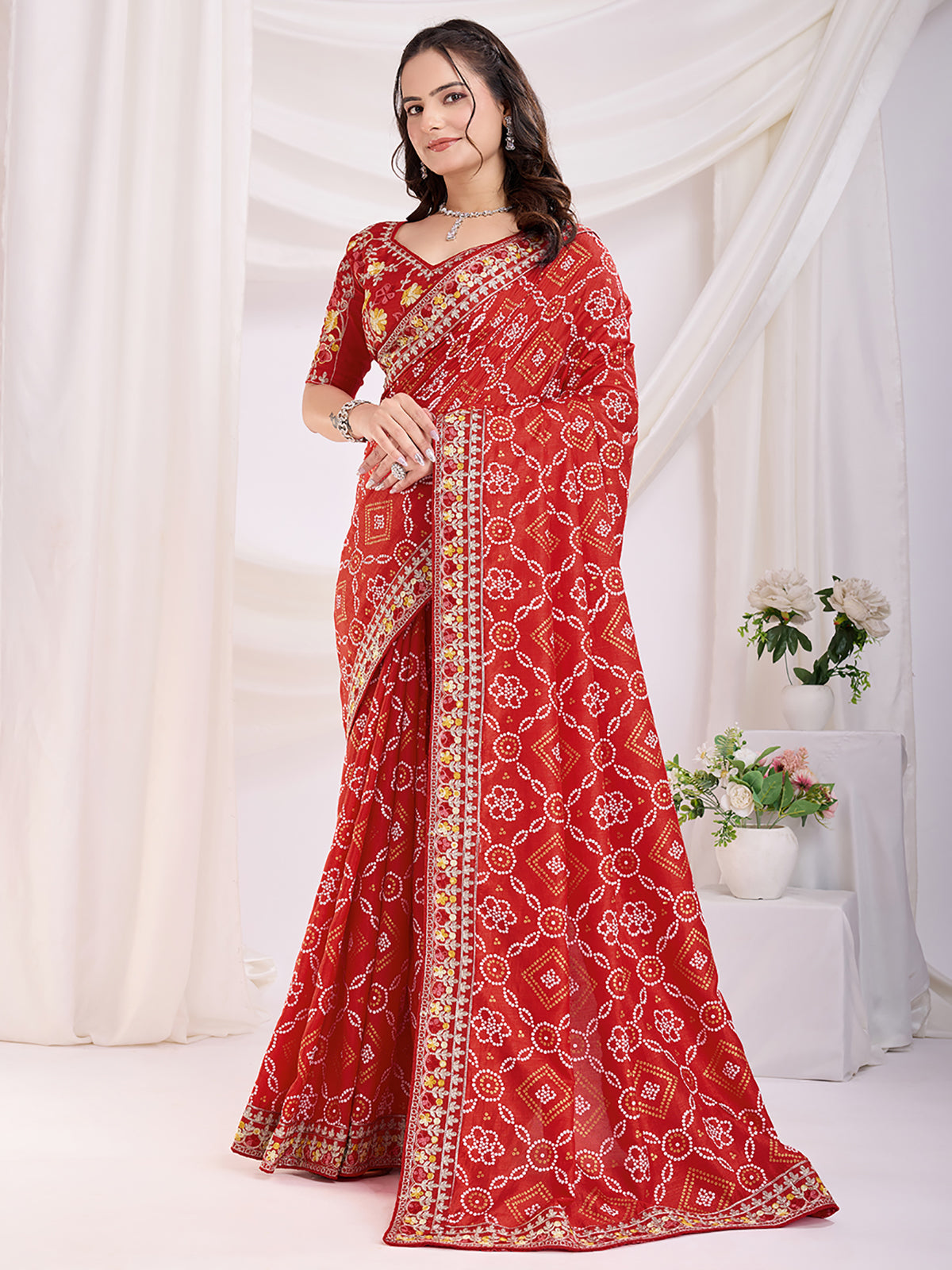 Glamorous Maroon Bandhani Printed Silk Bridal Saree