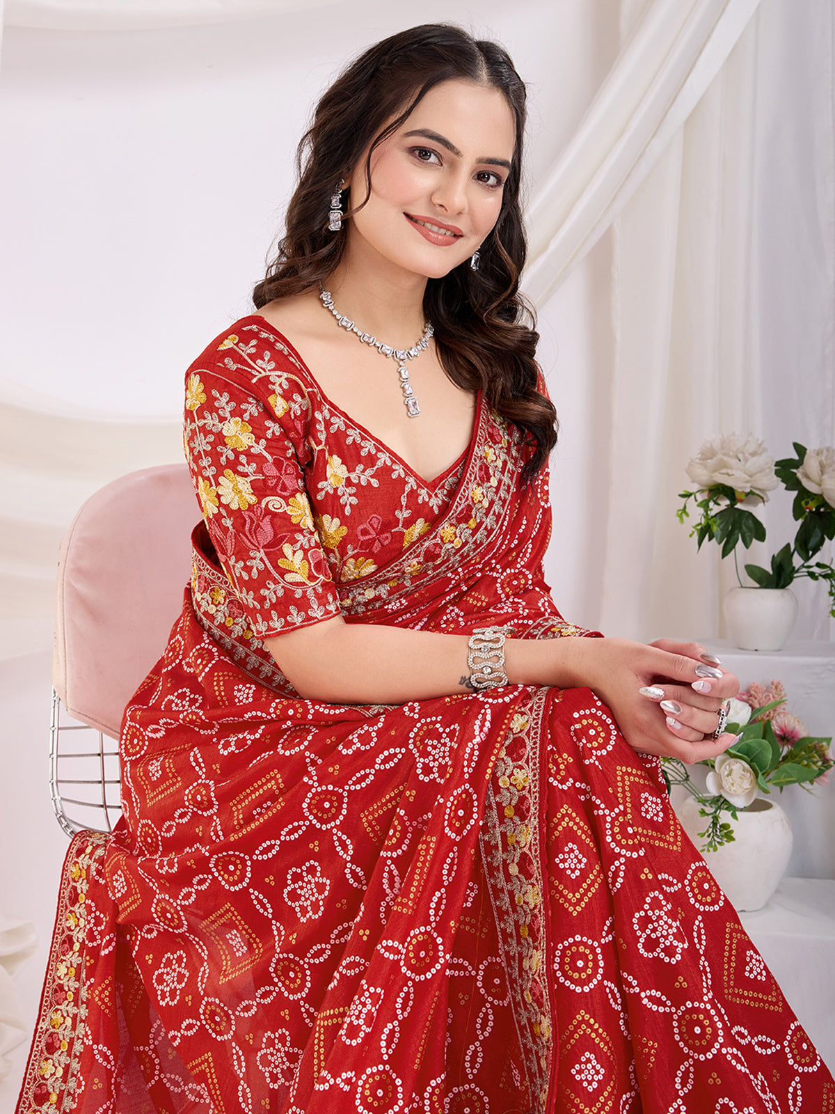 Glamorous Maroon Bandhani Printed Silk Bridal Saree