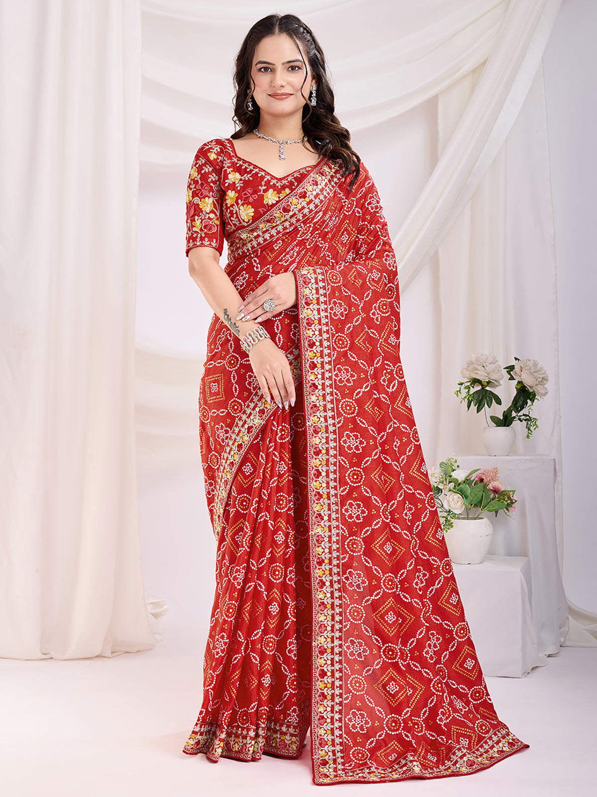 Glamorous Maroon Bandhani Printed Silk Bridal Saree