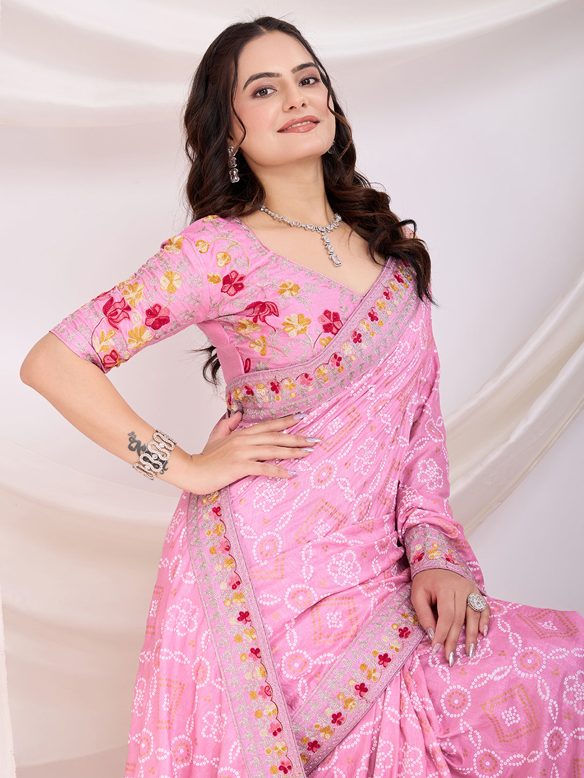 Alluring Pink Bandhani Printed Silk Bridal Saree