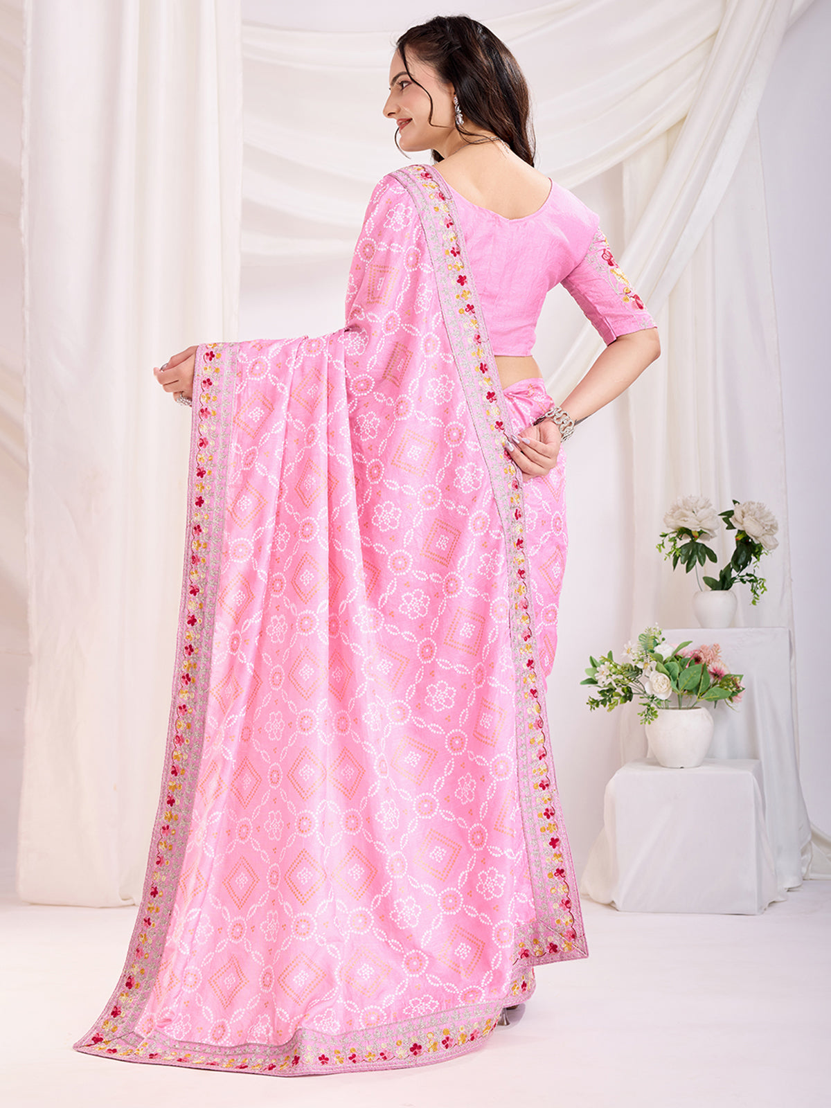 Alluring Pink Bandhani Printed Silk Bridal Saree