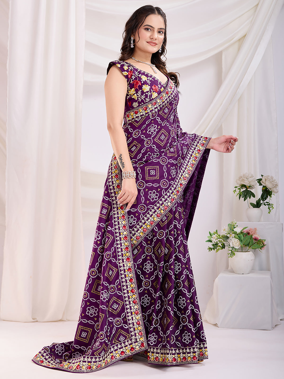 Attractive Purple Bandhani Printed Silk Wedding Saree