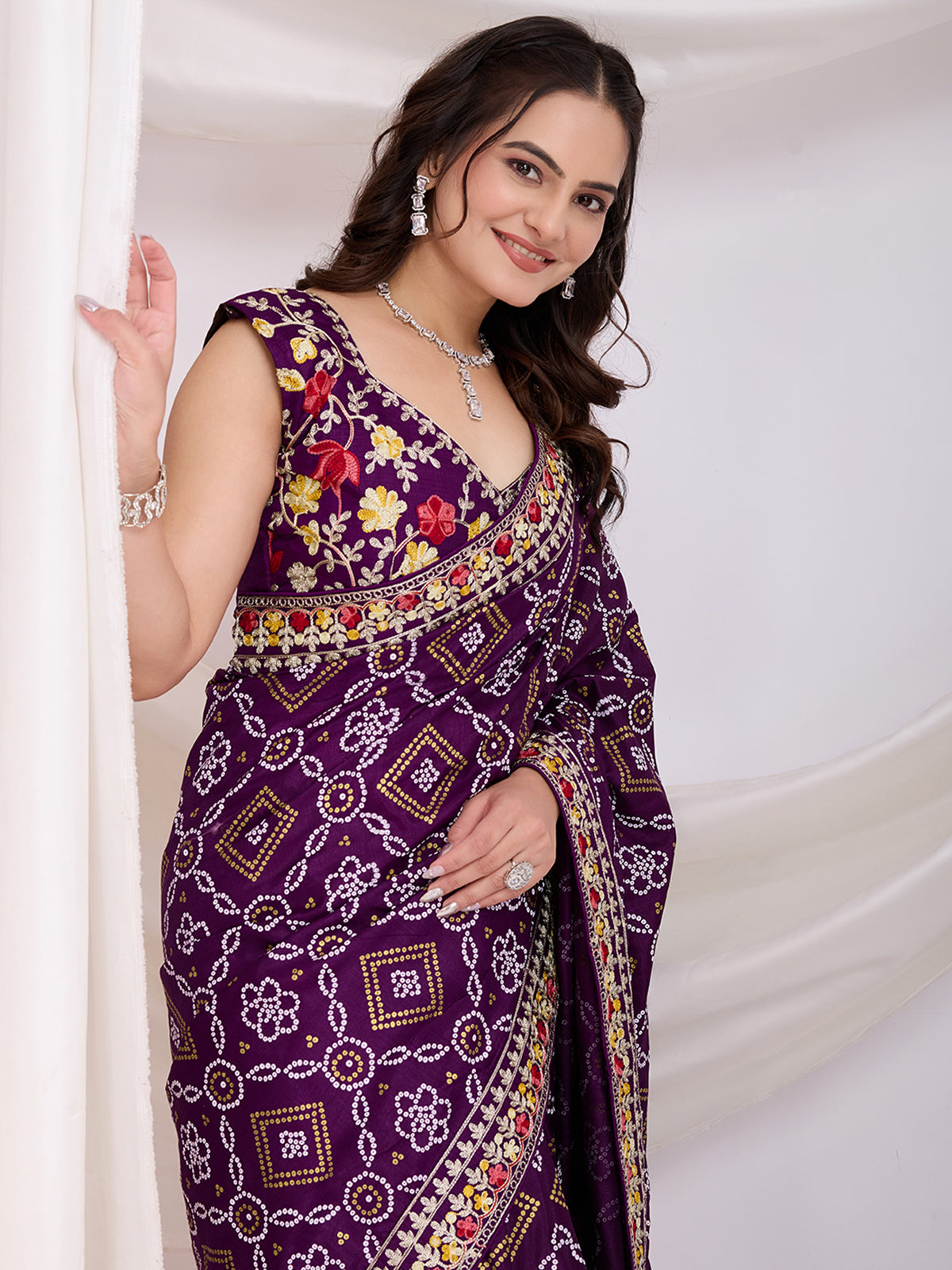 Attractive Purple Bandhani Printed Silk Wedding Saree
