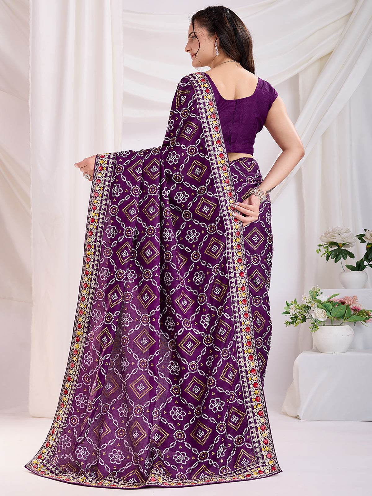 Attractive Purple Bandhani Printed Silk Wedding Saree