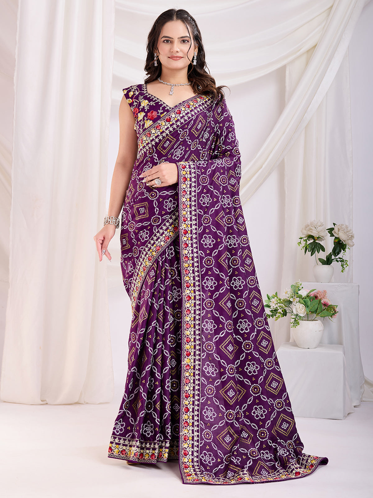 Attractive Purple Bandhani Printed Silk Wedding Saree