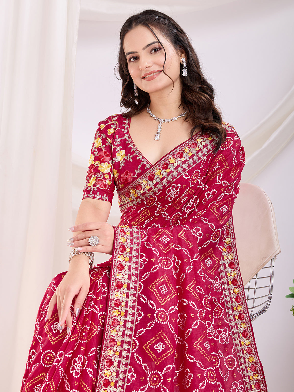 Outstanding Red Bandhani Printed Silk Bridal Saree