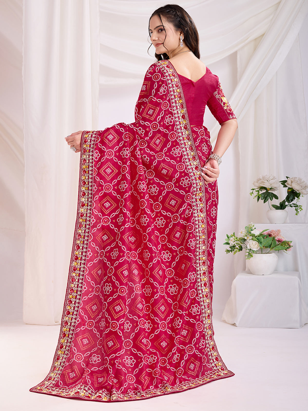 Outstanding Red Bandhani Printed Silk Bridal Saree