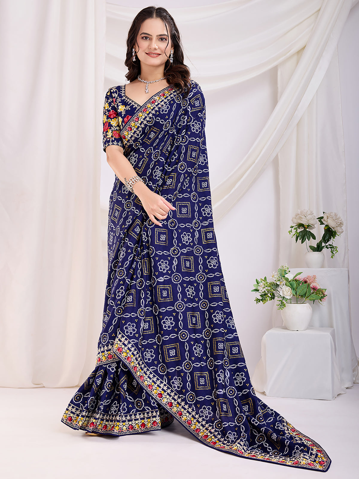 Spectacular Blue Bandhani Printed Silk Wedding Saree