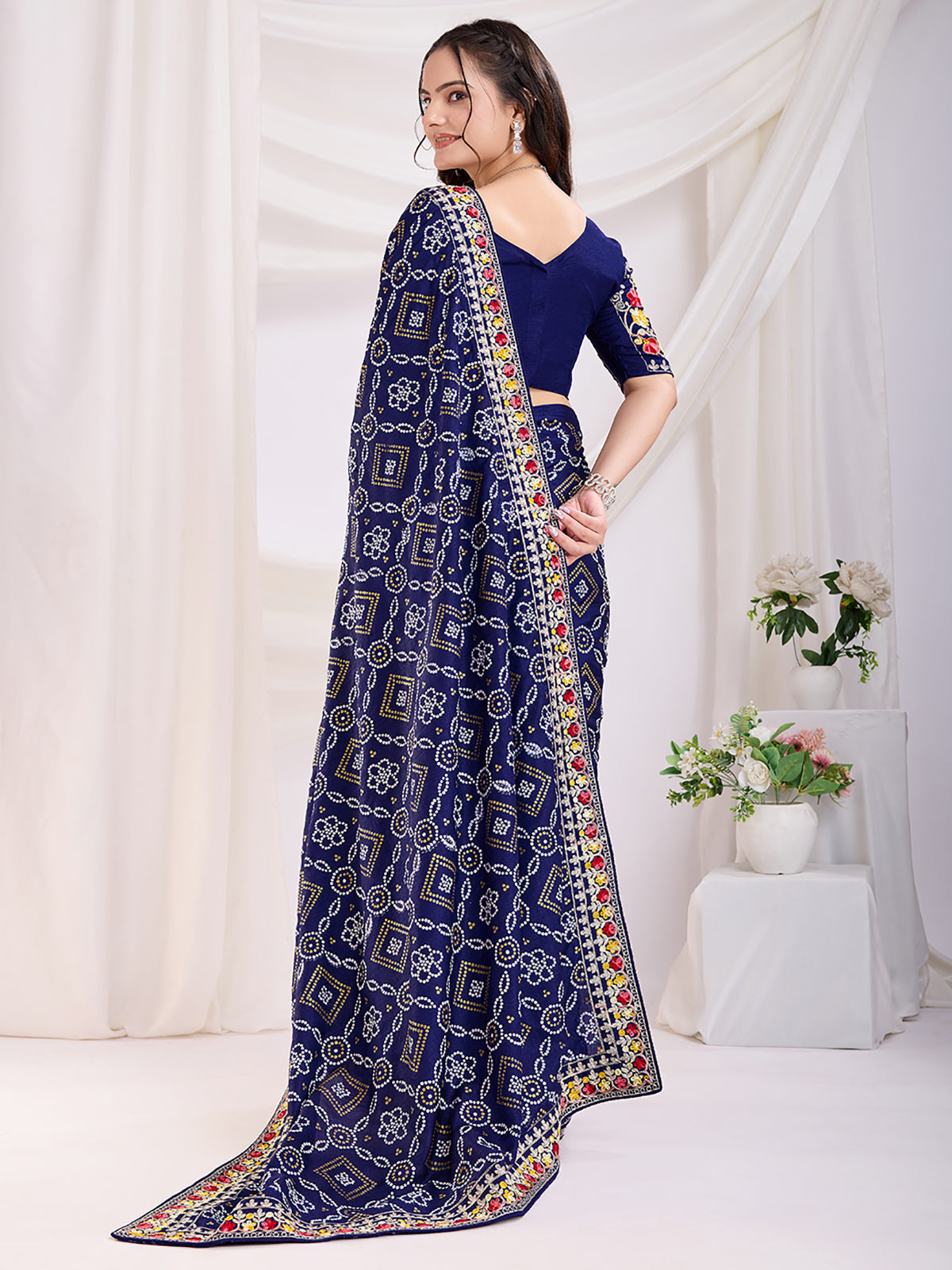 Spectacular Blue Bandhani Printed Silk Wedding Saree