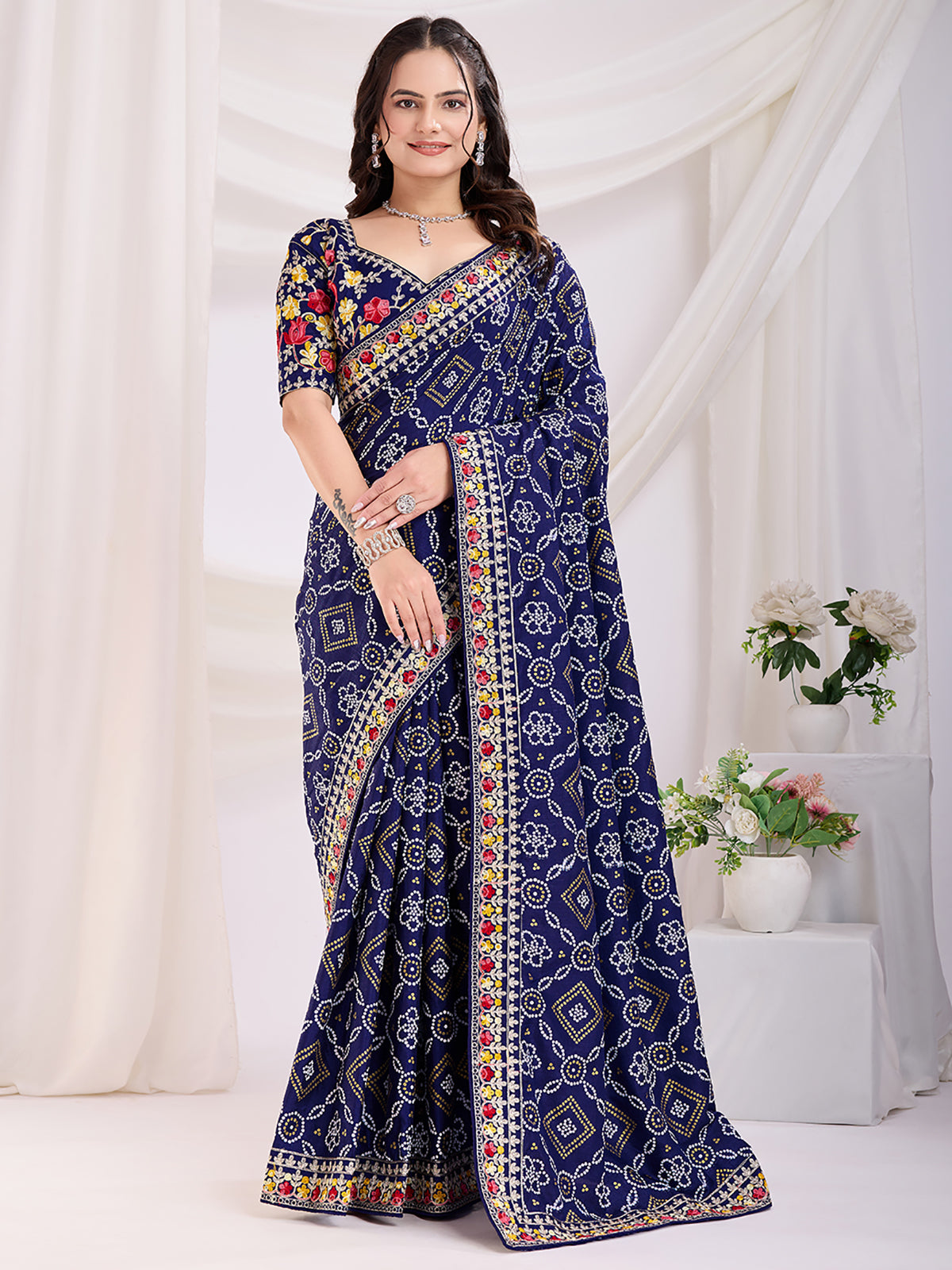 Spectacular Blue Bandhani Printed Silk Wedding Saree