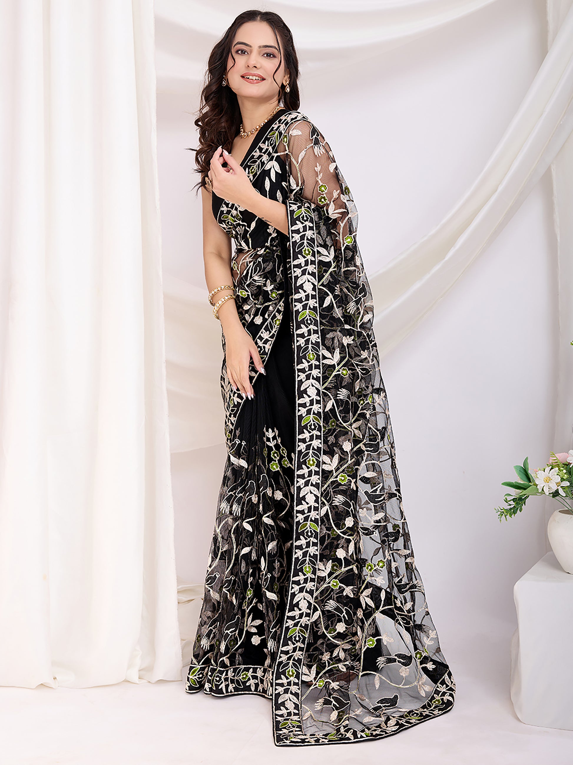 Dazzling Black Thread Embroidery Net Party Wear Saree