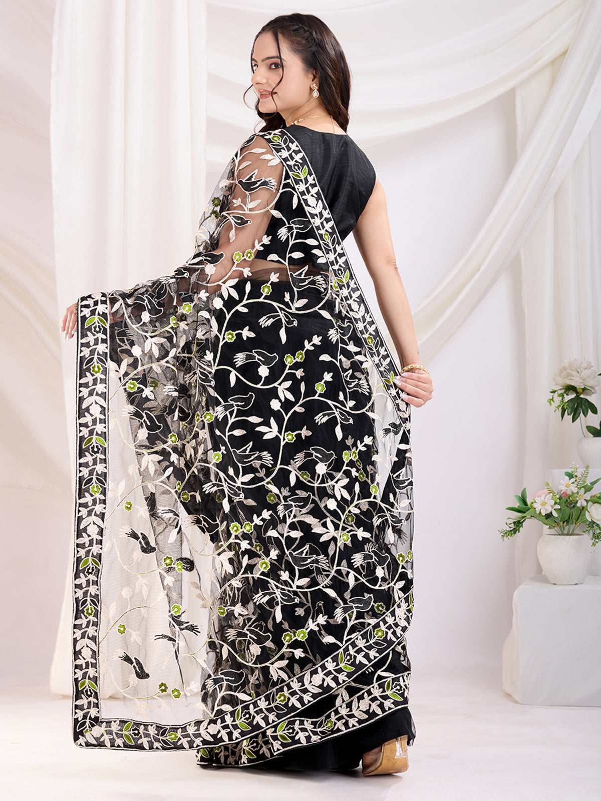 Dazzling Black Thread Embroidery Net Party Wear Saree