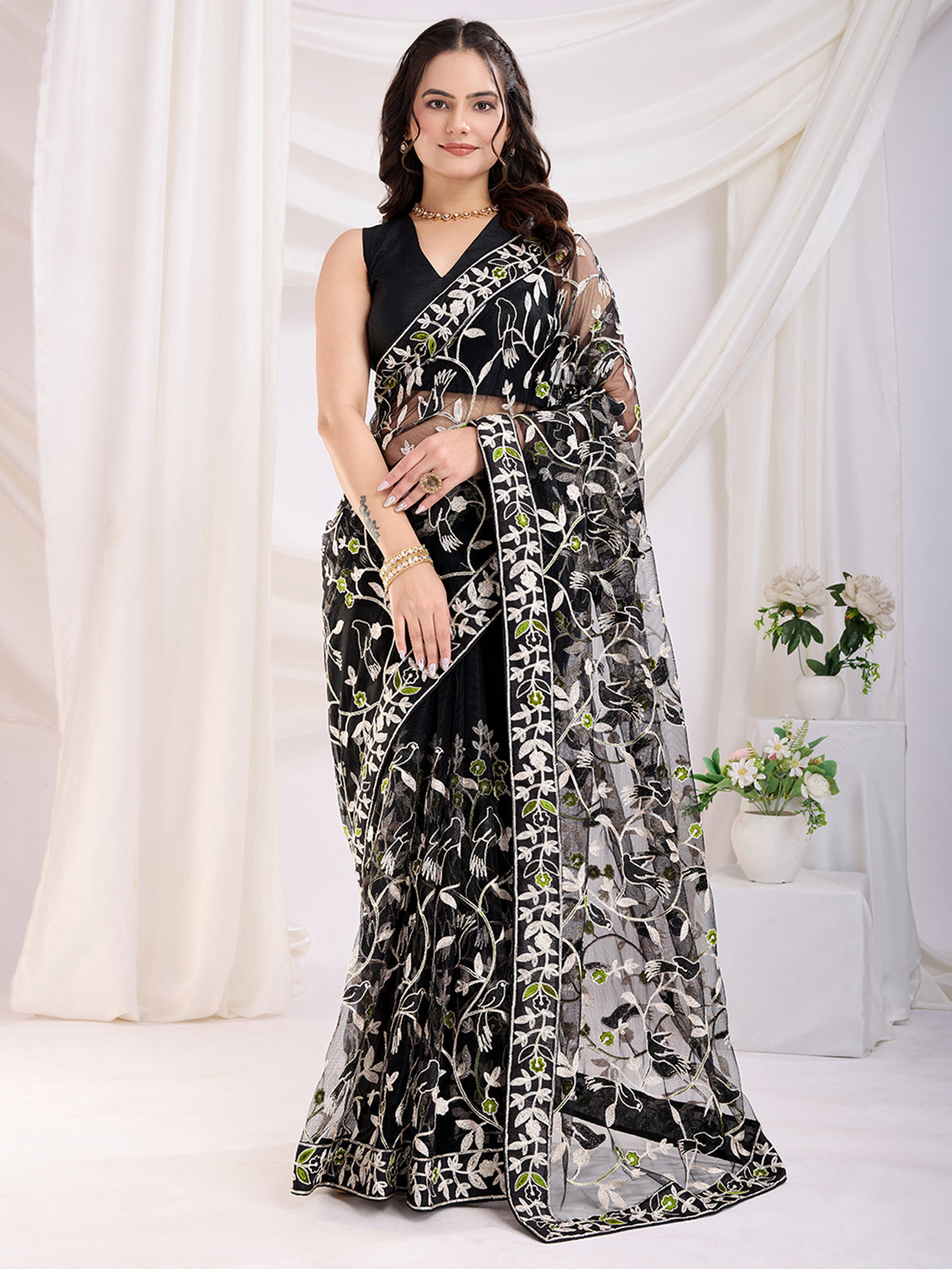 Dazzling Black Thread Embroidery Net Party Wear Saree