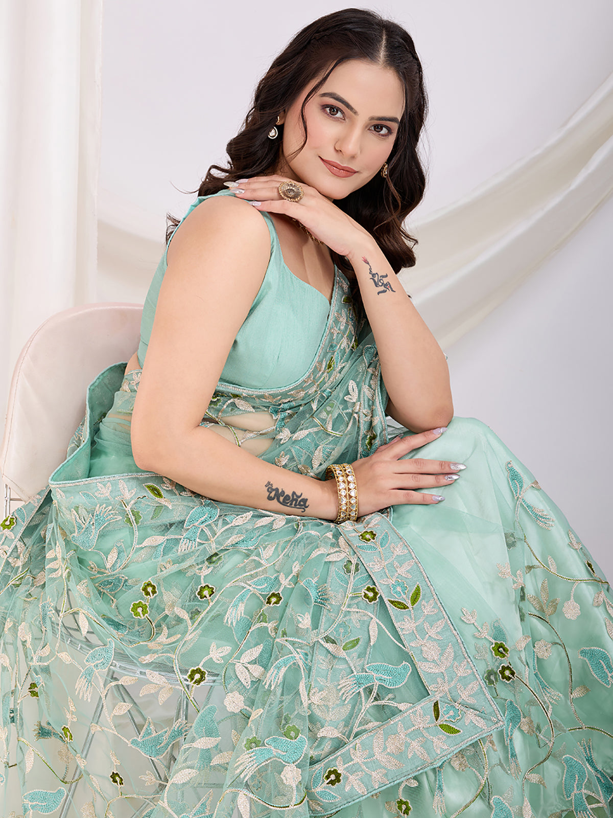 Incredible Sea Green Thread Embroidery Net Designer Saree With Blouse