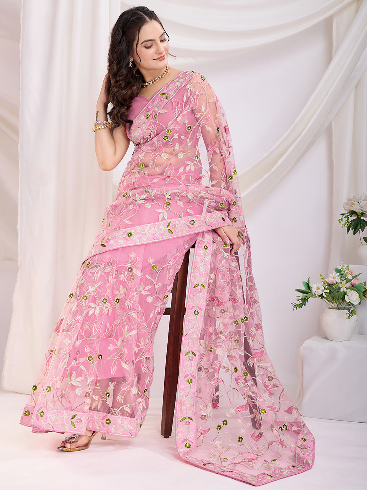 Marvelous Pink Thread Embroidery Net Event Wear Saree