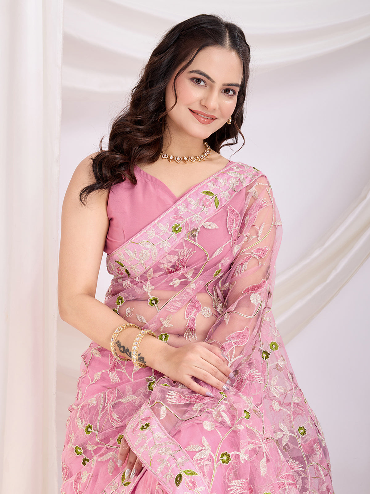 Marvelous Pink Thread Embroidery Net Event Wear Saree