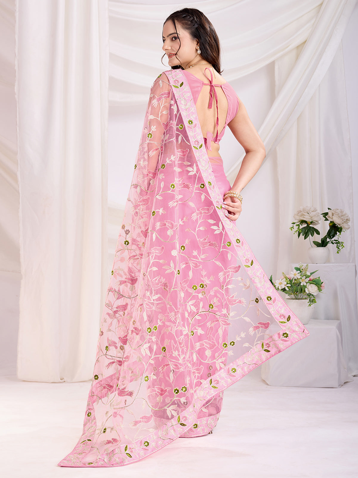 Marvelous Pink Thread Embroidery Net Event Wear Saree
