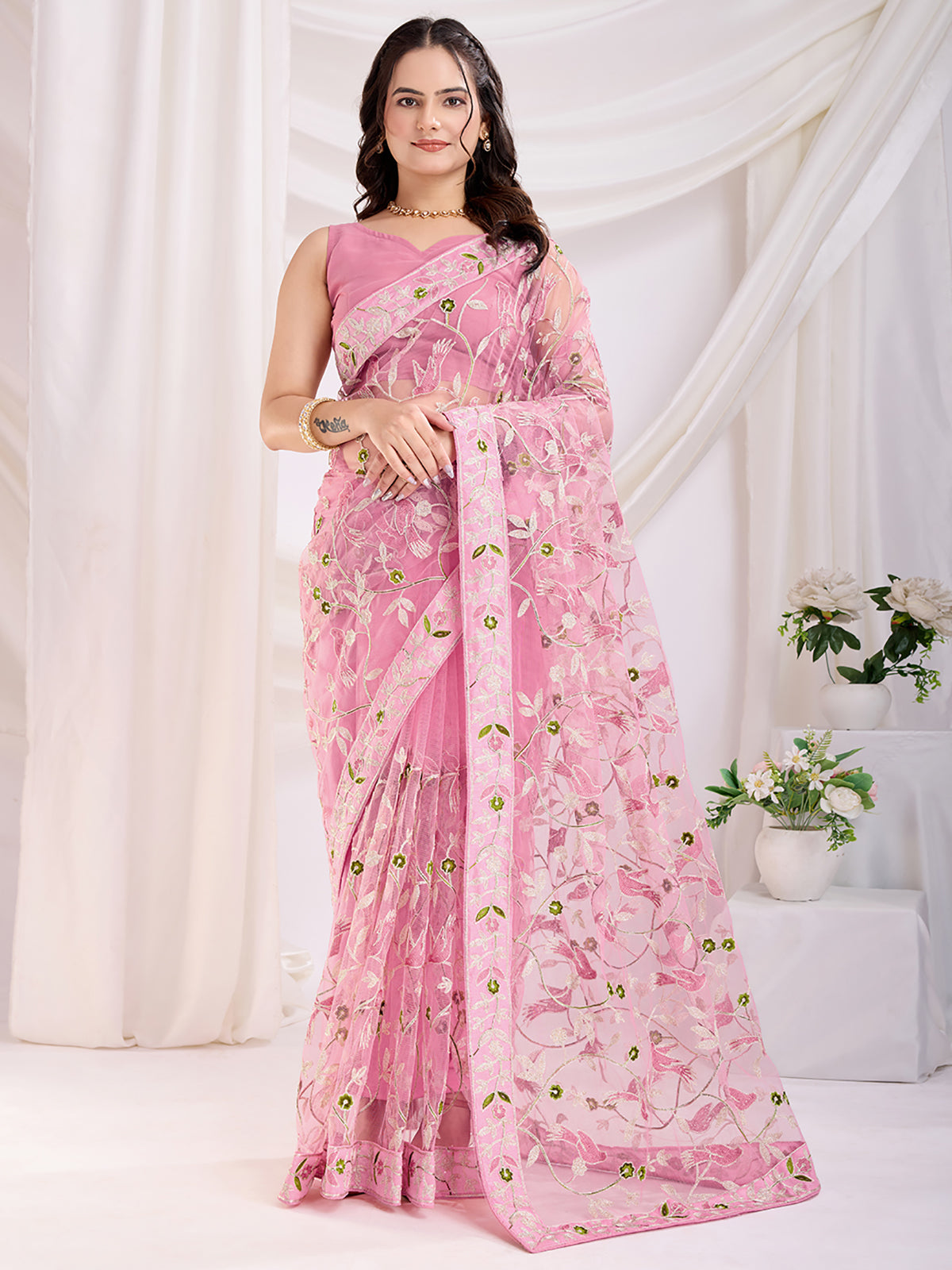 Marvelous Pink Thread Embroidery Net Event Wear Saree