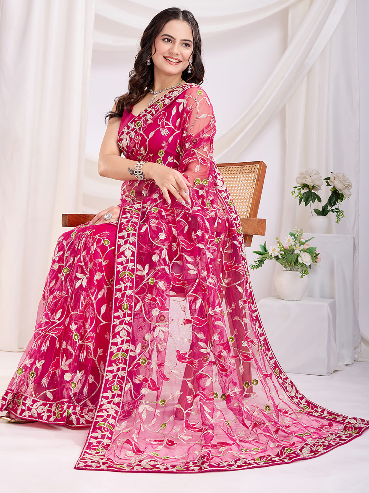 Alluring Hot Pink Thread Embroidery Net Evening Wear Saree