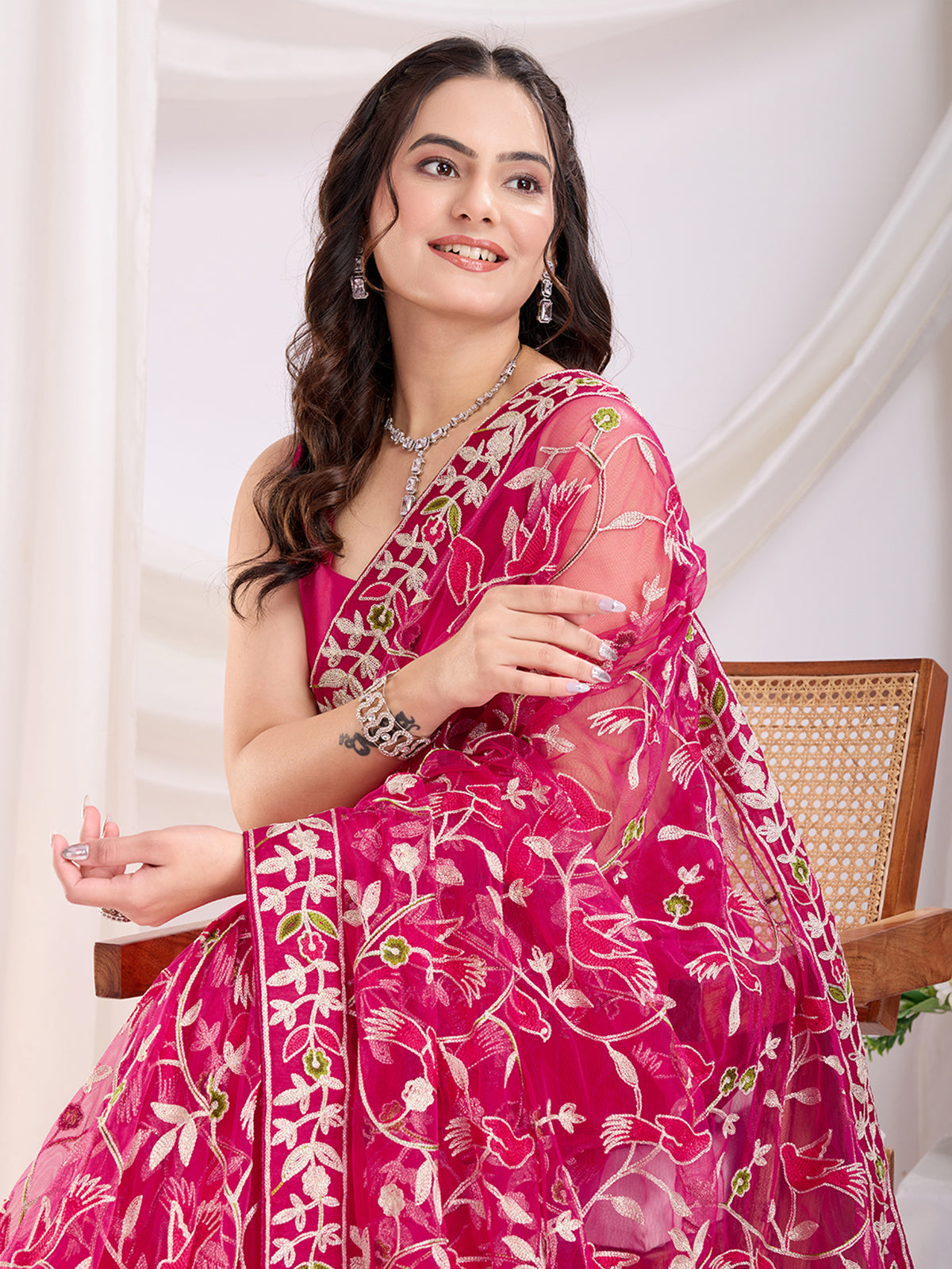 Alluring Hot Pink Thread Embroidery Net Evening Wear Saree