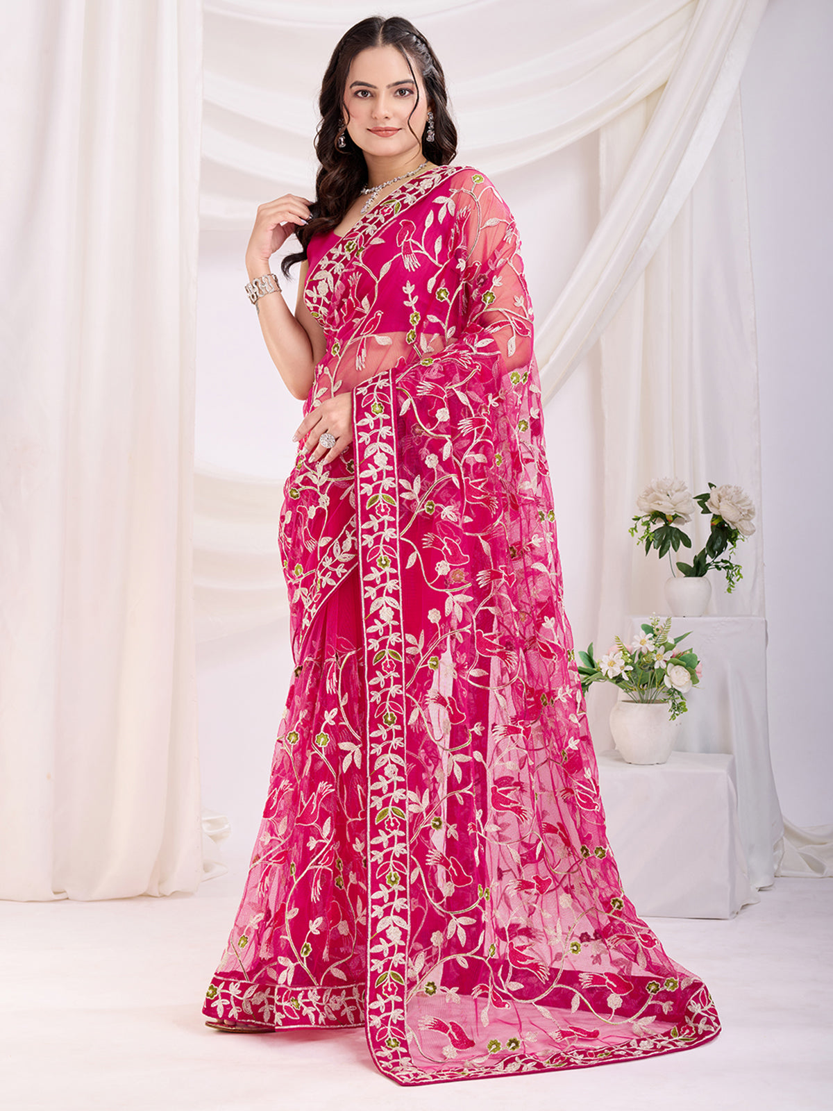 Alluring Hot Pink Thread Embroidery Net Evening Wear Saree