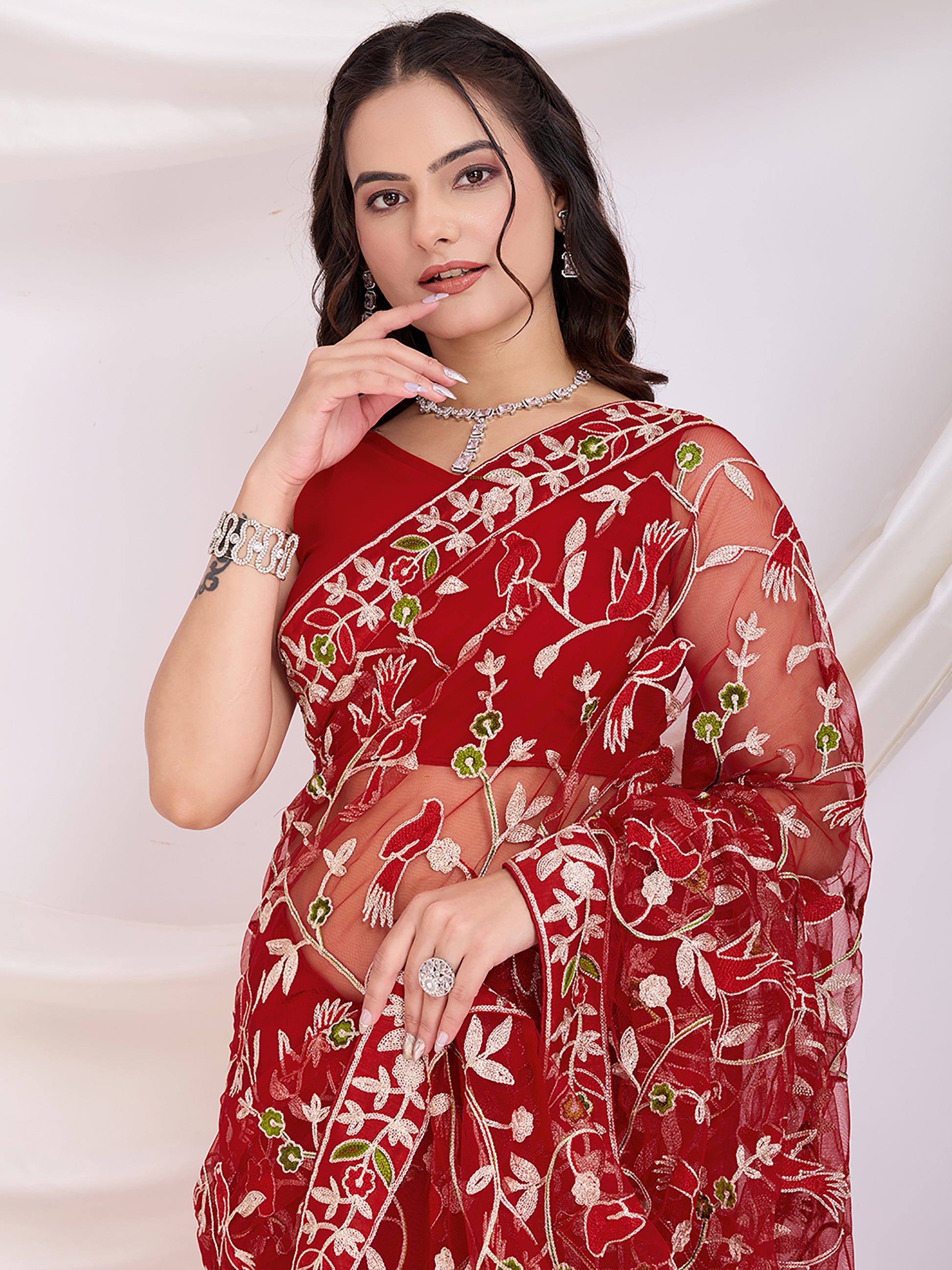 Fantastic Maroon Thread Embroidery Net Festive Wear Saree