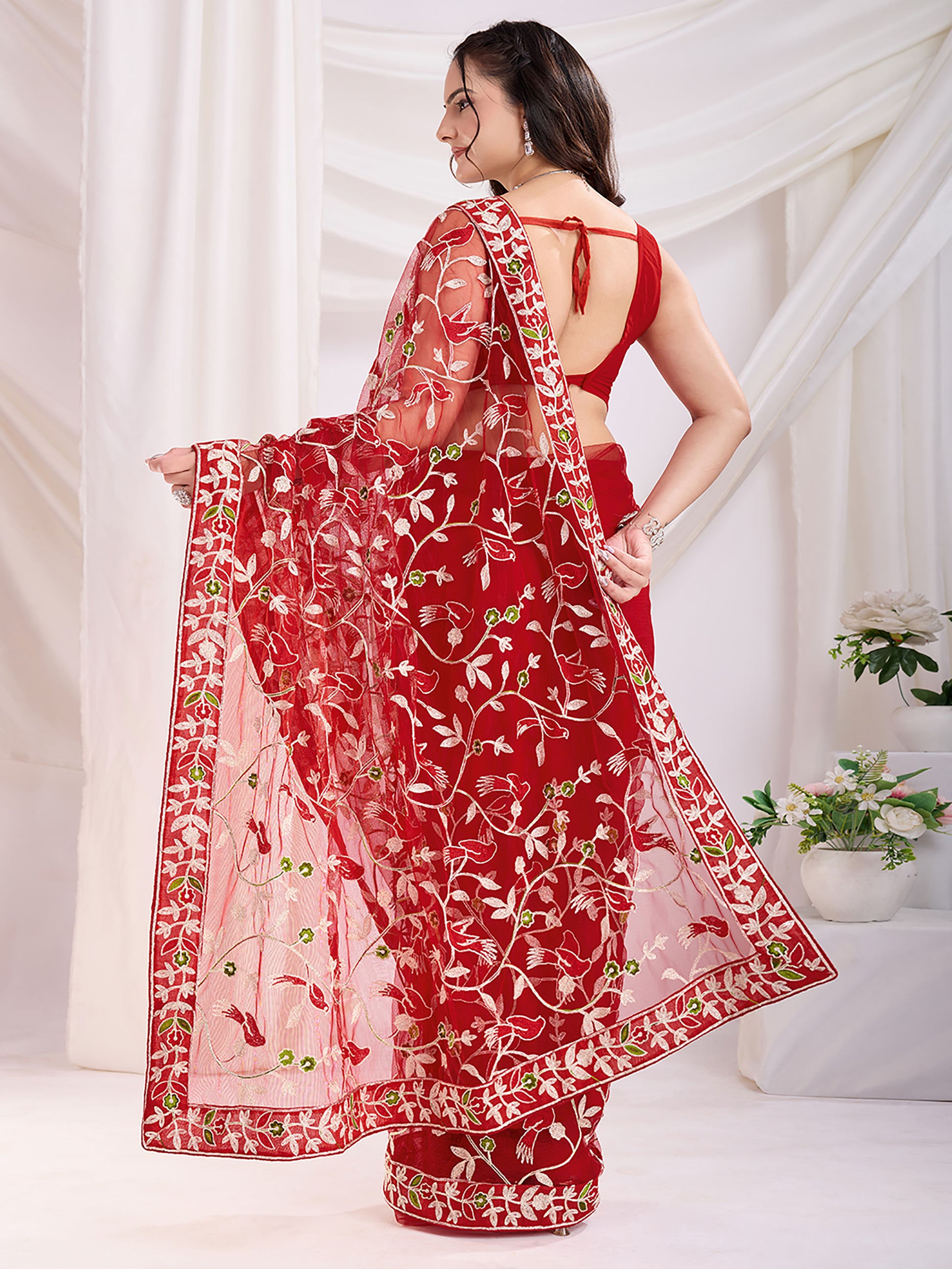 Fantastic Maroon Thread Embroidery Net Festive Wear Saree