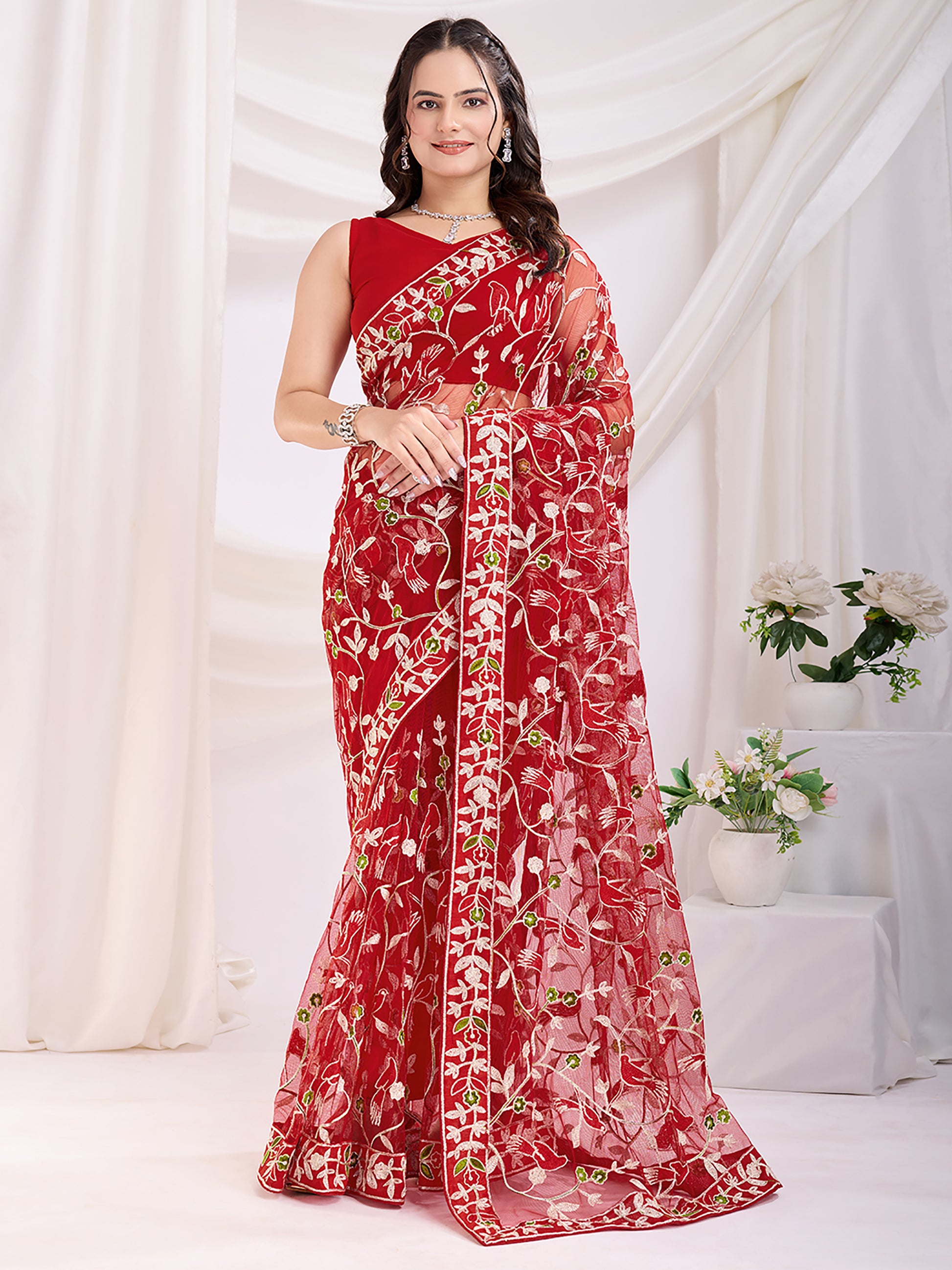 Fantastic Maroon Thread Embroidery Net Festive Wear Saree