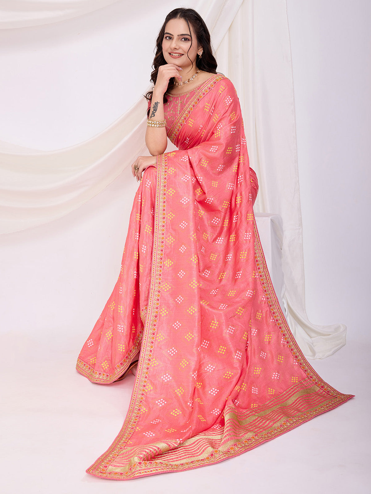 Adorable Coral Pink Bandhej Printed Silk Festive Wear Saree