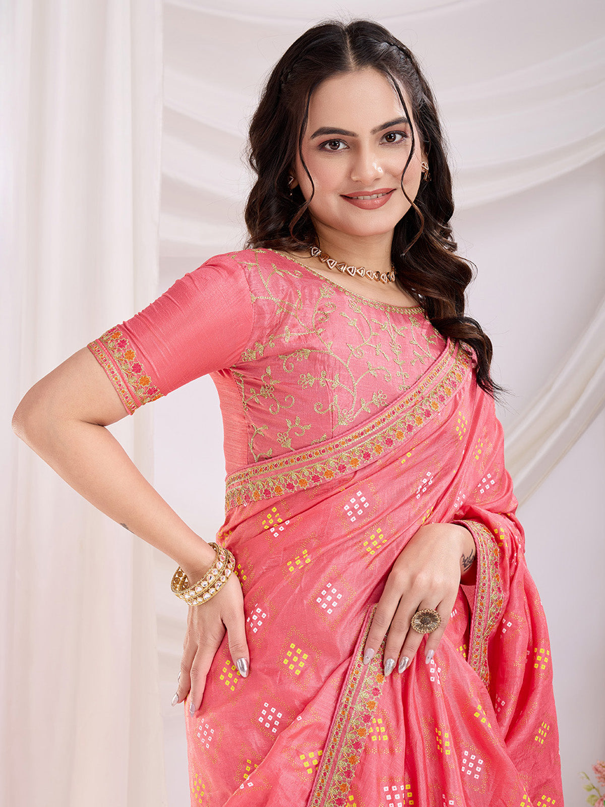 Adorable Coral Pink Bandhej Printed Silk Festive Wear Saree