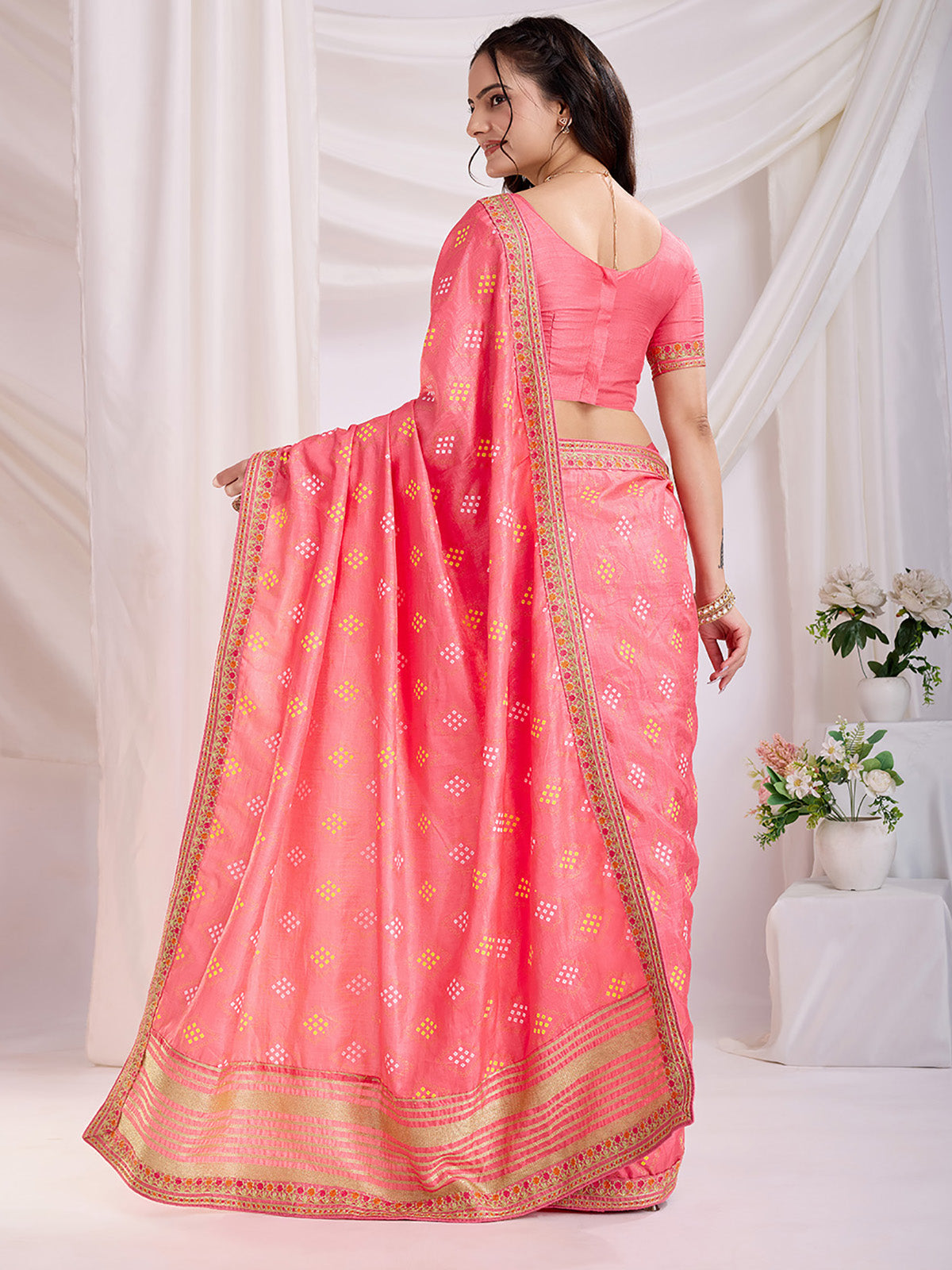 Adorable Coral Pink Bandhej Printed Silk Festive Wear Saree
